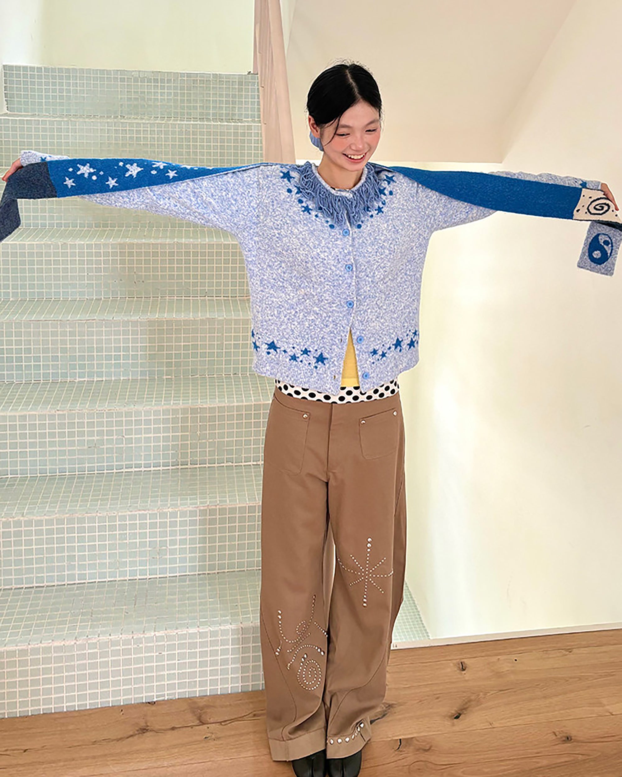 UNSOCIAL NIGHT Fringed Collar Star Jacquard Knit Cardigan