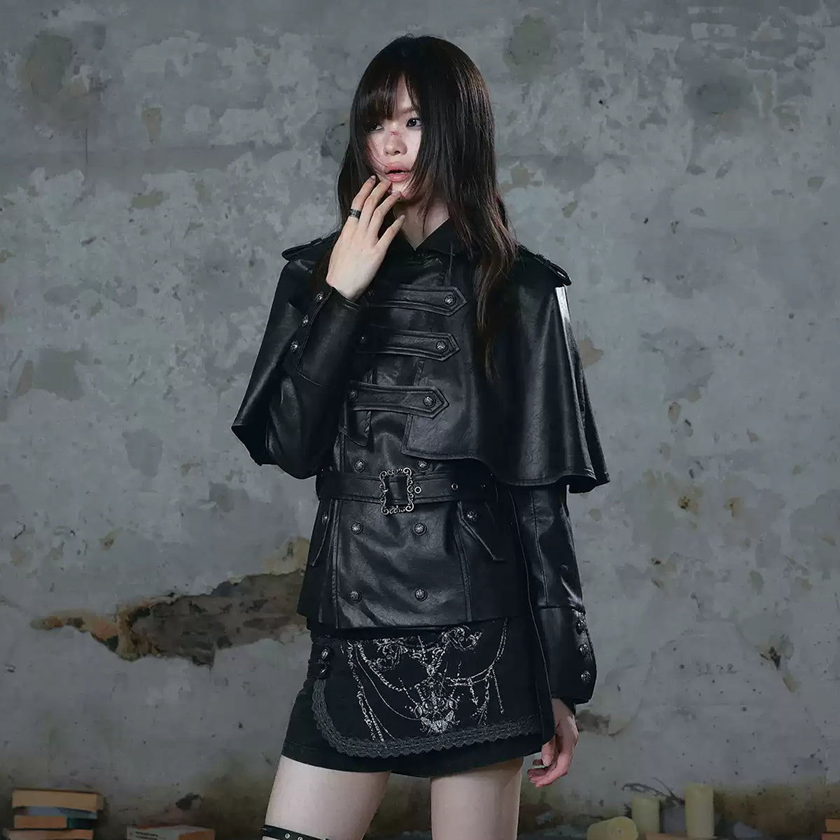 CESTNOUS Retro Washed Detachable Cape Belted Faux Leather Jacket