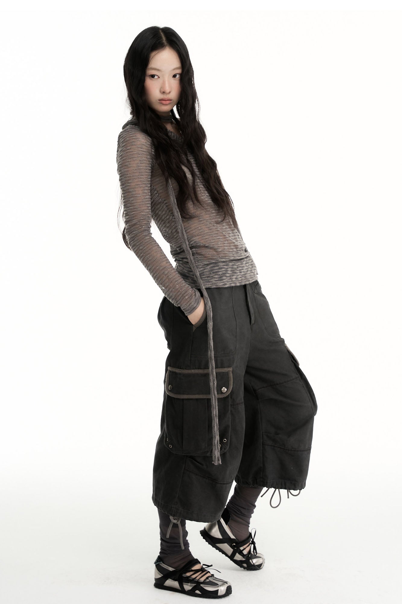 CONFUN Sheer Striped Long-Sleeve Polo Tee