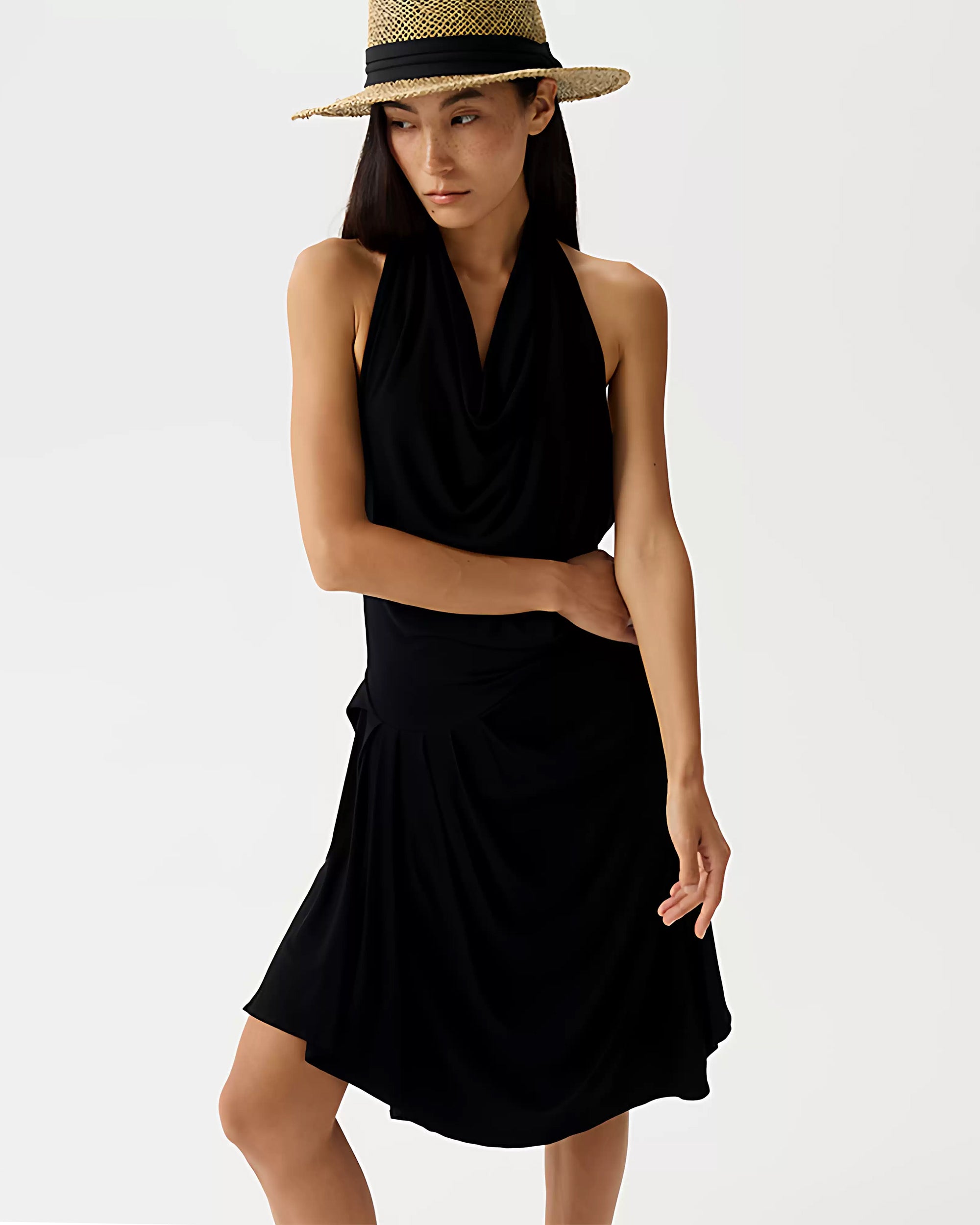 PCLA Draped Backless Pleated Halter Midi Dress