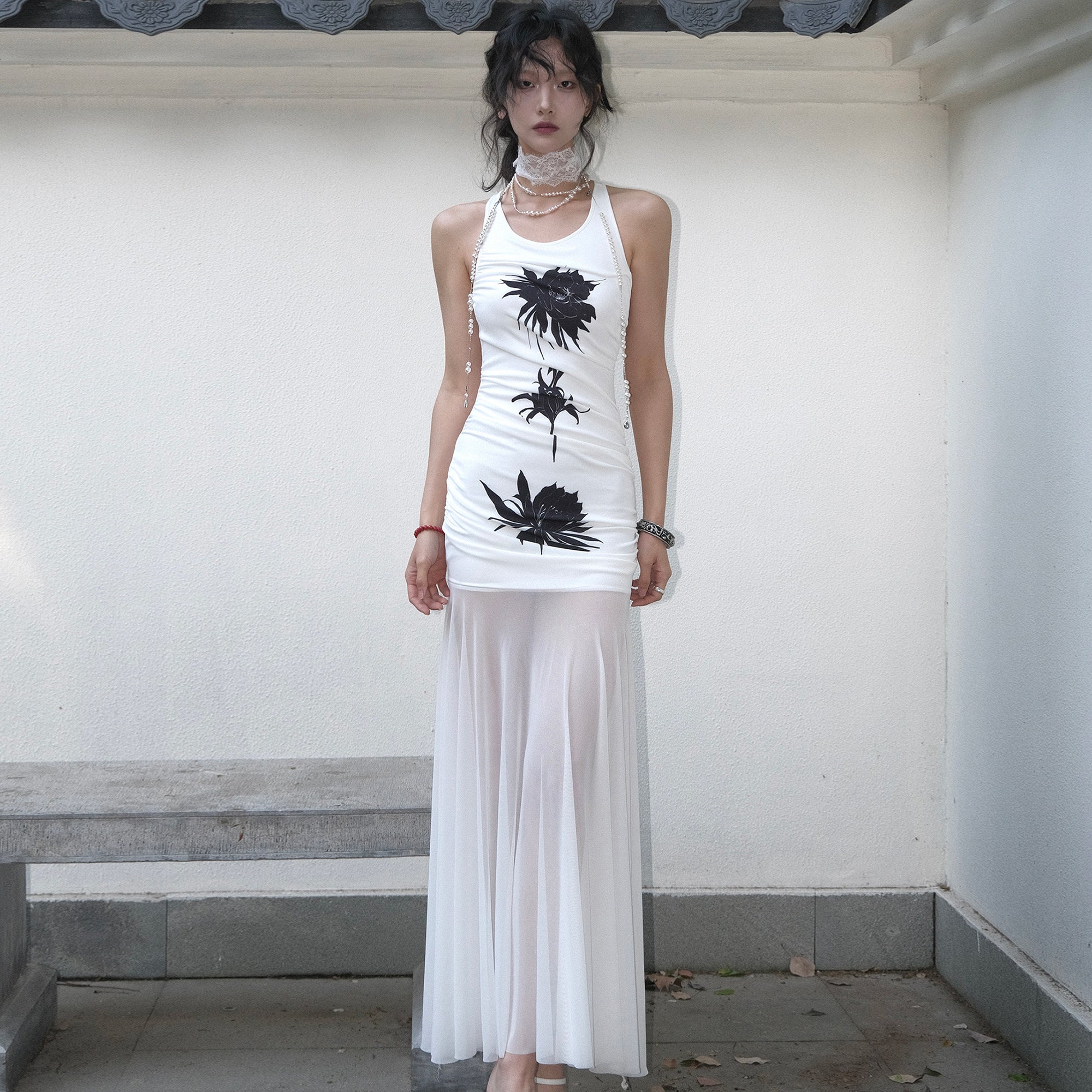 WHYNOTDANCE Zen Ruched Knit Mesh Maxi Dress