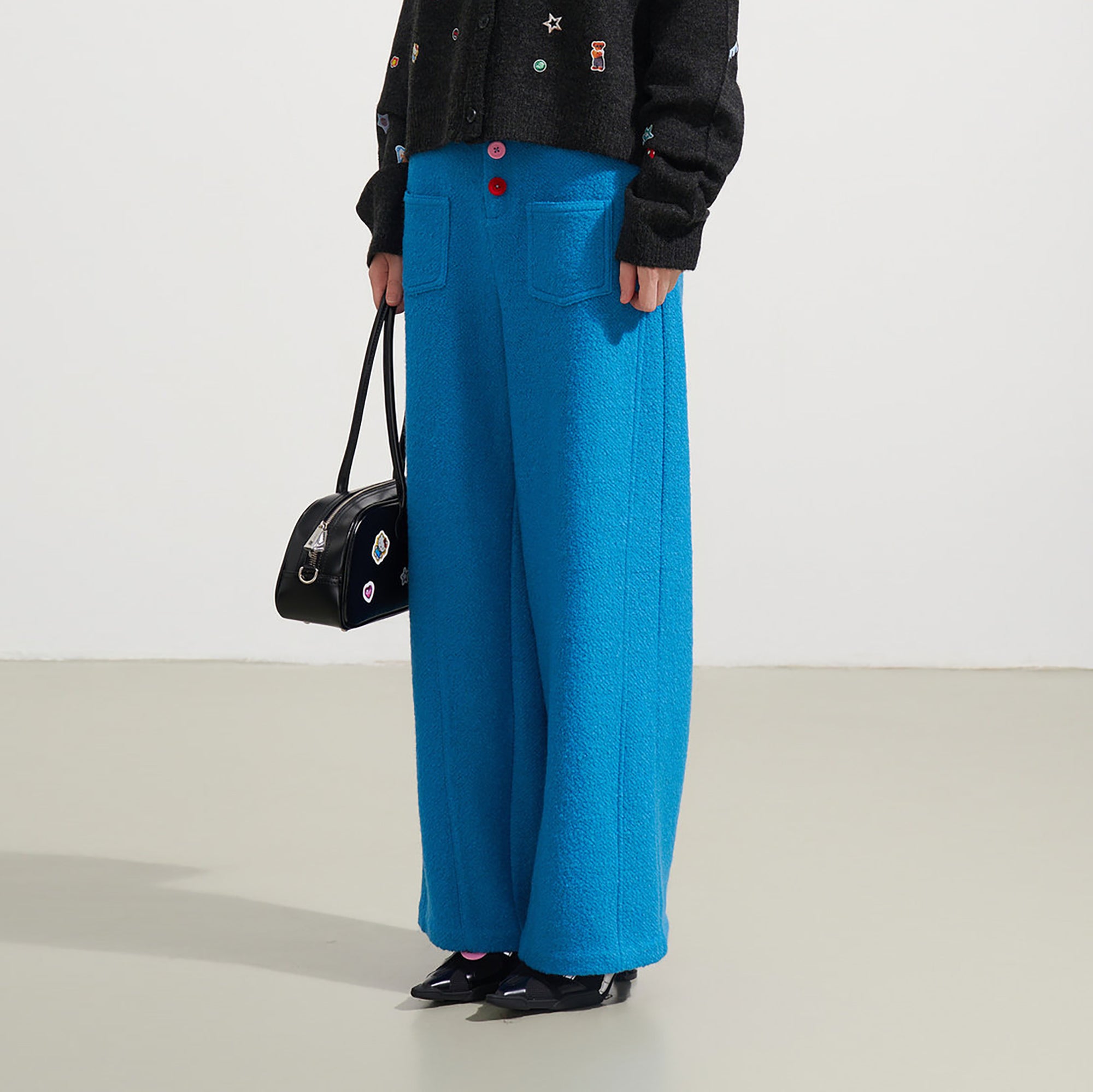 SOFITTE Wool-Blend Color Button Wide-Leg Pants