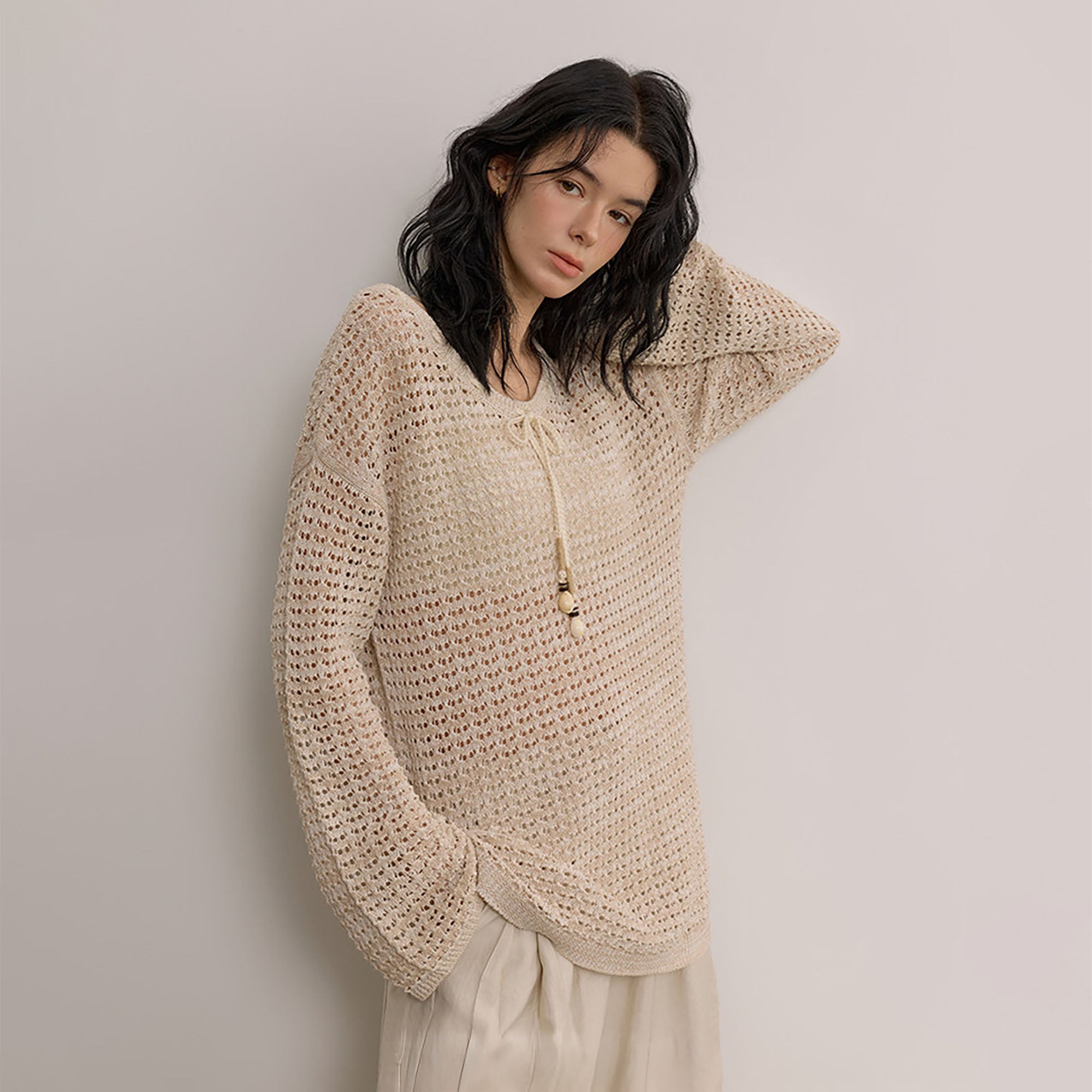 SAME FLOW Open-Knit Drawstring Oversized Sweater
