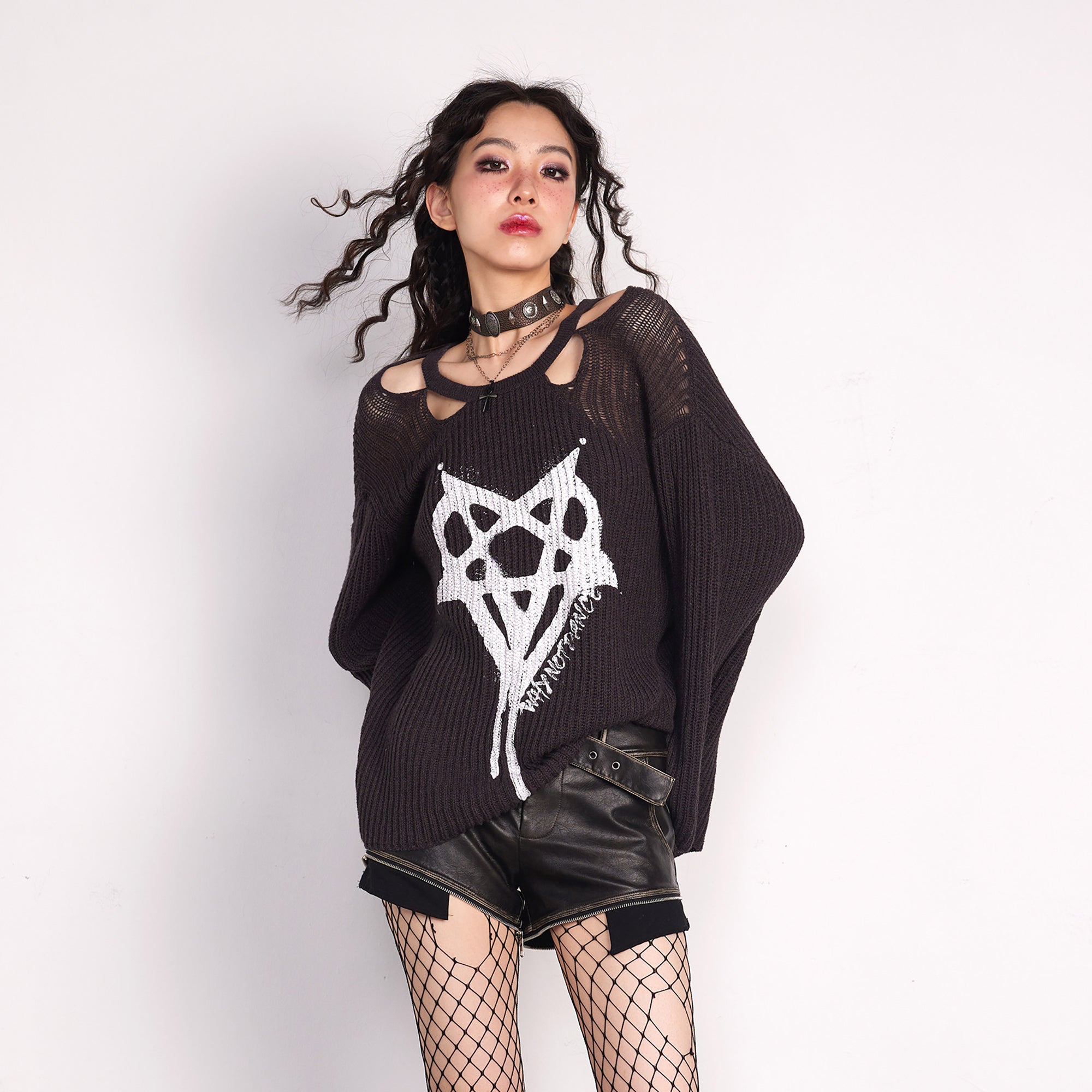 WHYNOTDANCE Distressed Cut-Out Knitted Sweater