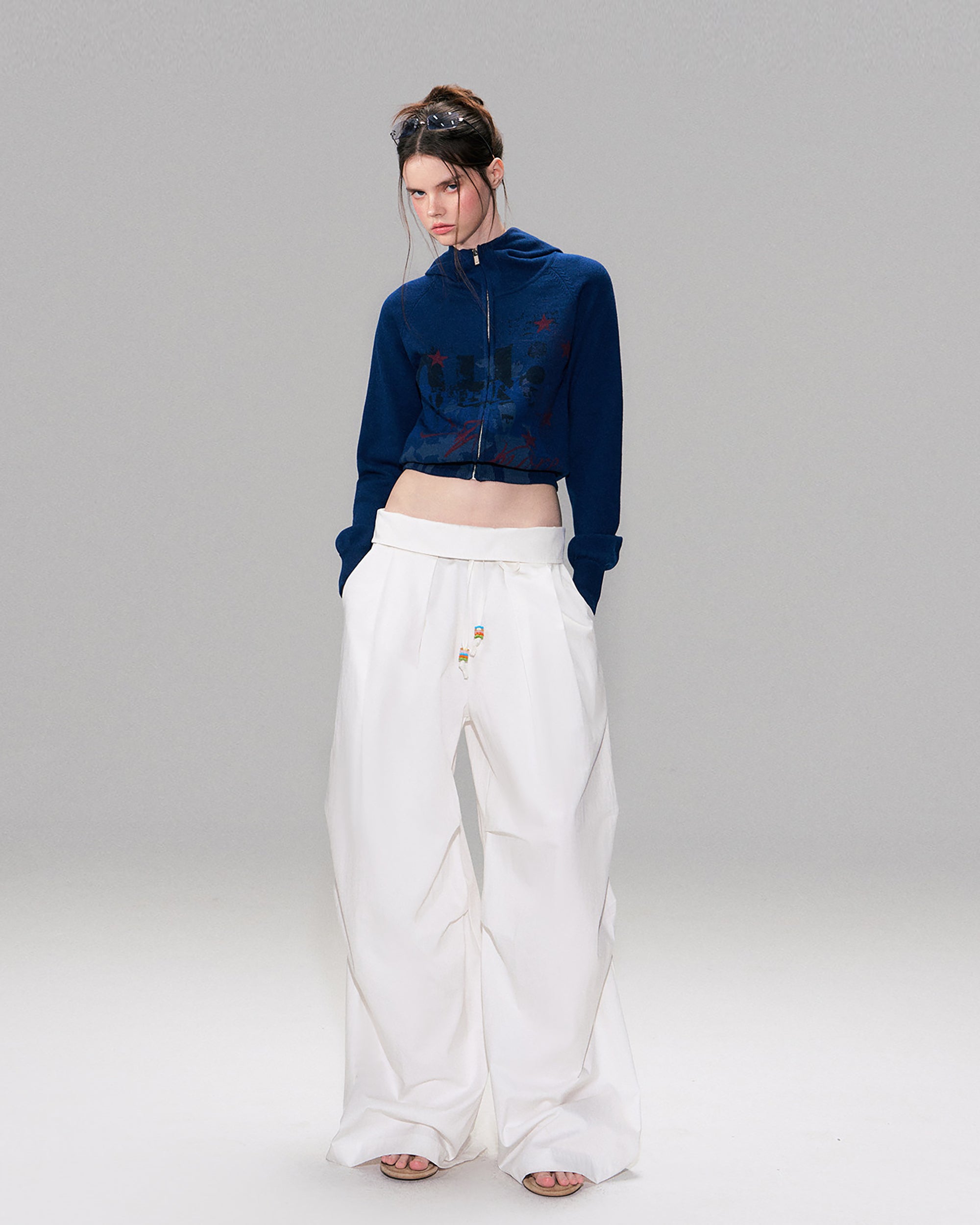 THE NEVERMORE Folded Waist Beaded Drawstring Wide-Leg Pants