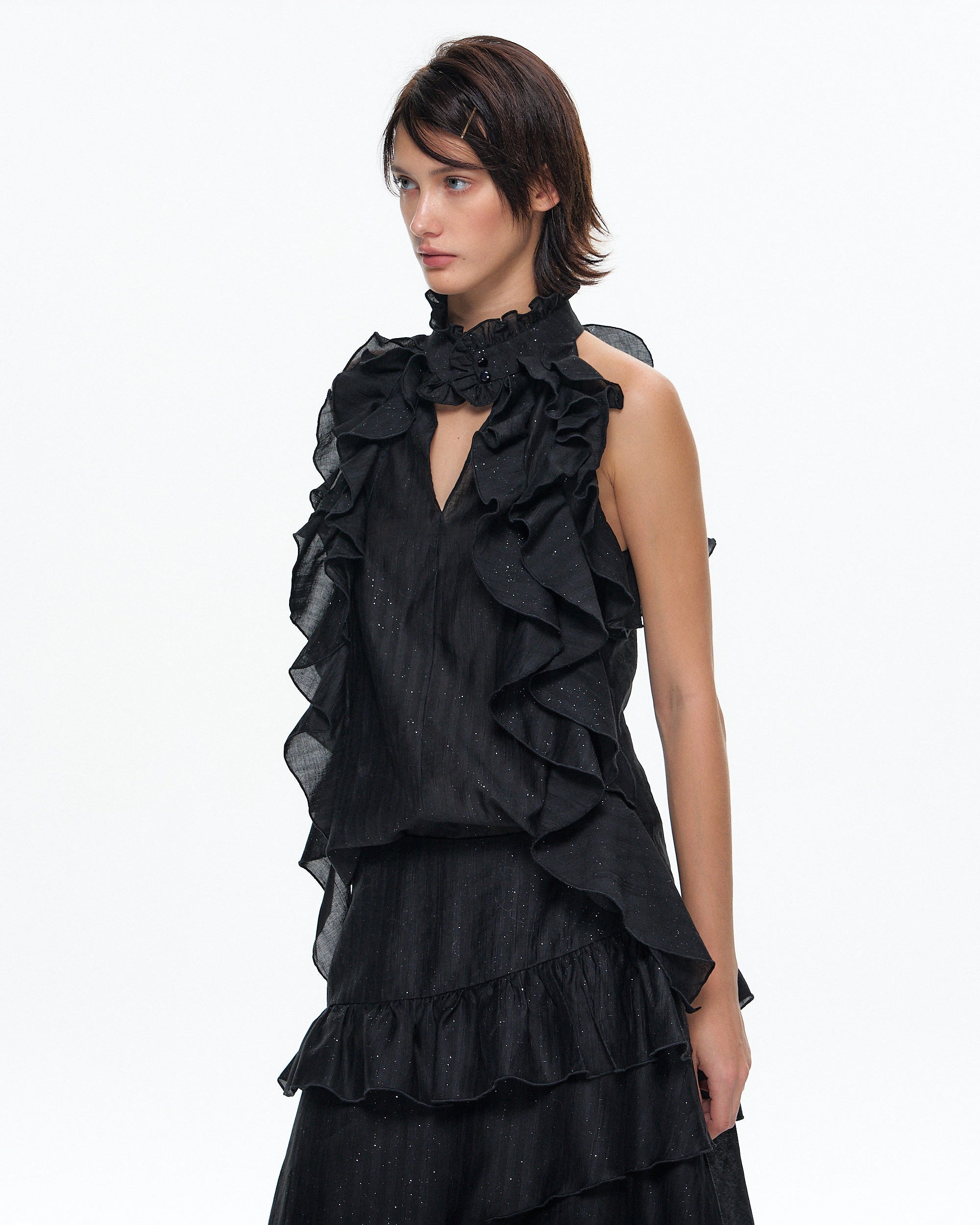 10AMSOTIIIIIIRED Tiered Ruffle Sleeveless Top & Asymmetric Skirt Set
