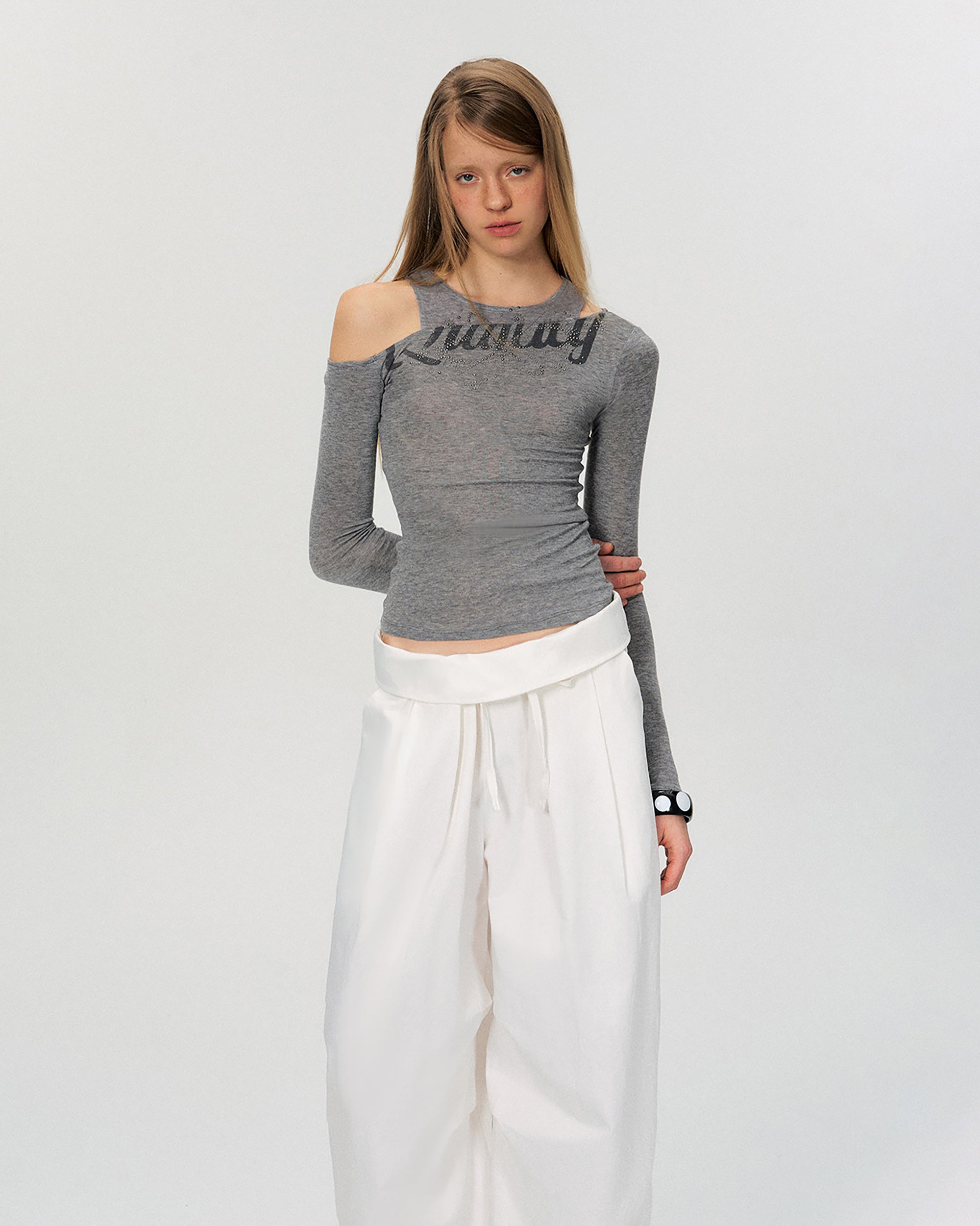 THE NEVERMORE Asym Neck Diamond Sheer Long-Sleeve Tee