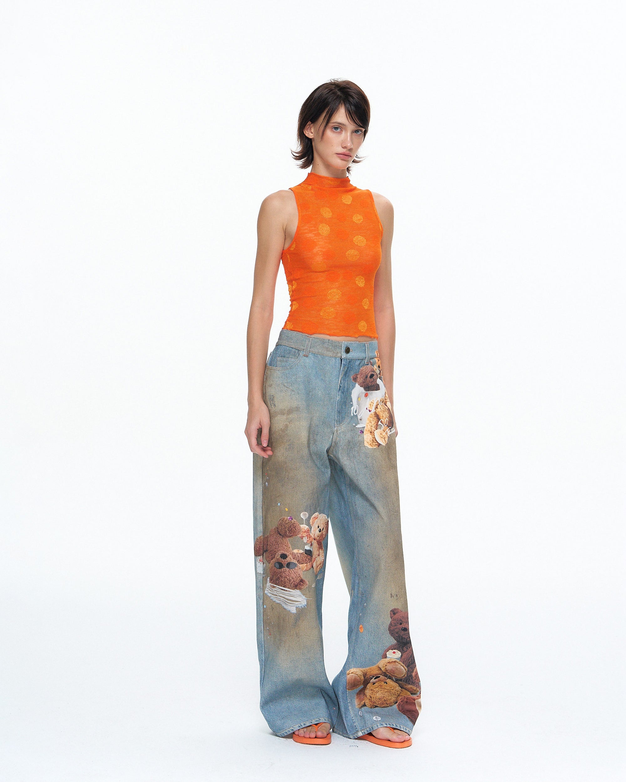 10AMSOTIIIIIIRED Retro Dog And Teddy Graphic Jeans