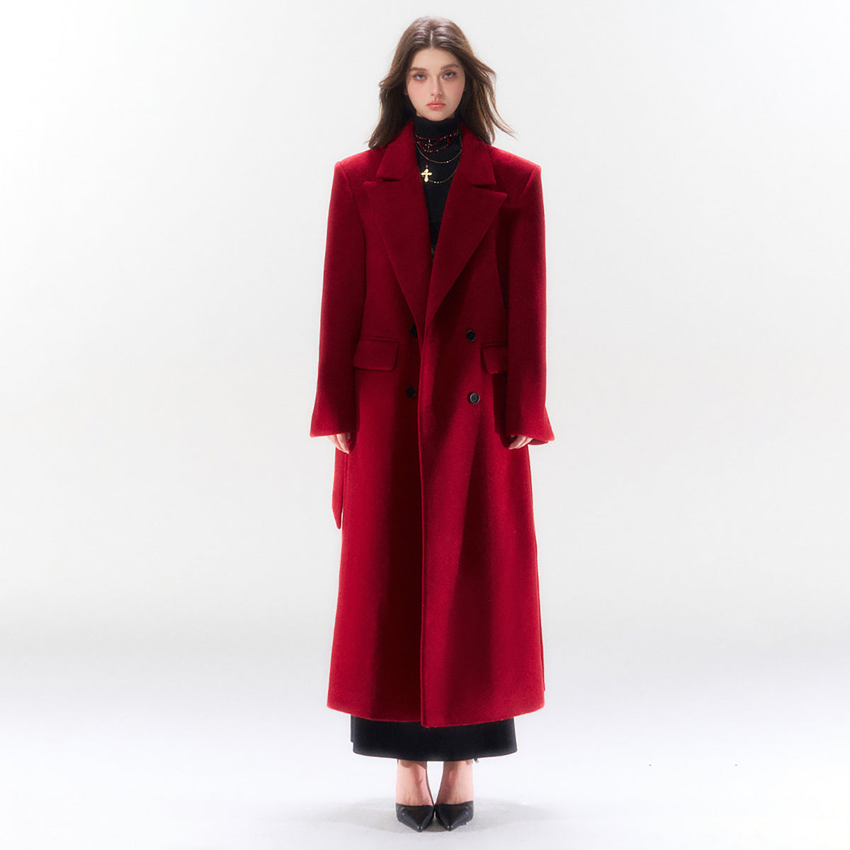 HIIMDAI Wool-Blend Cinched-Waist Lapel Long Coat