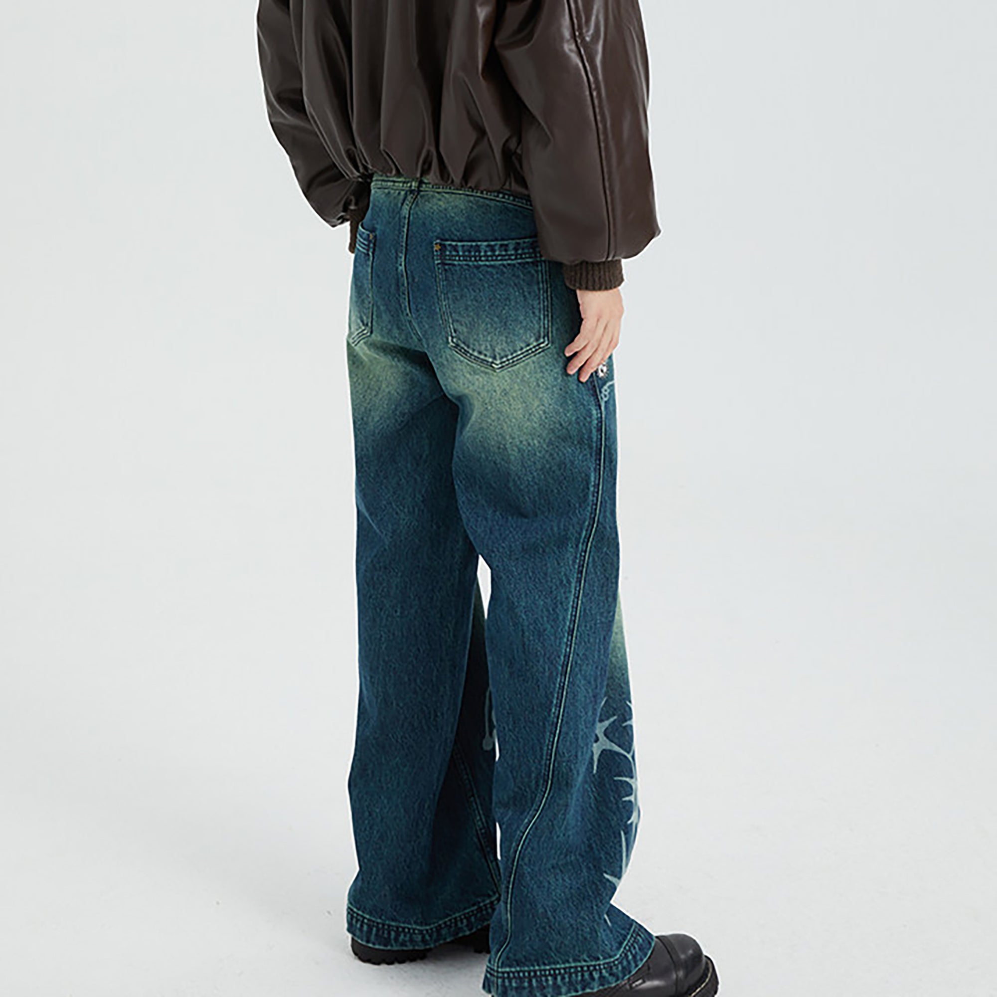 CONFUN Washed Full-Print Straight-Leg Jeans