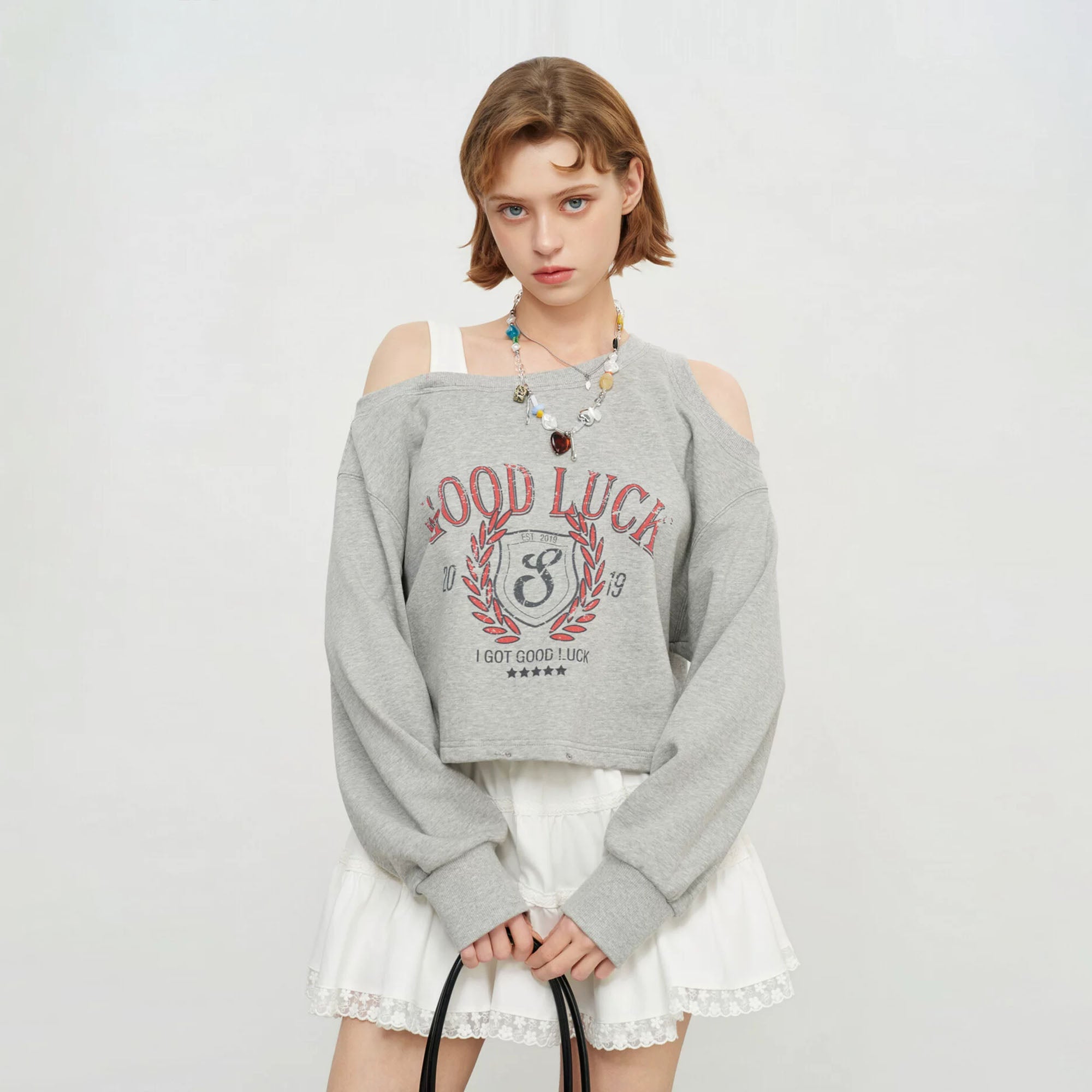 SOFITTE Retro Cutout Shoulder Cropped Sweatshirt