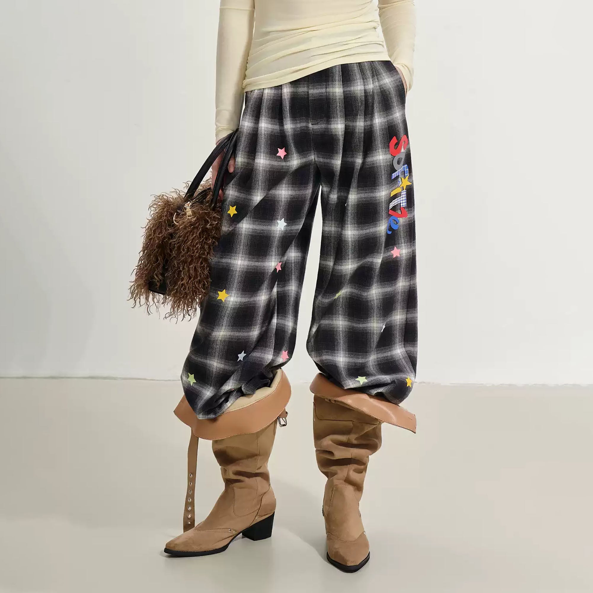 SOFITTE Denim-Waist Plaid Wide-Leg Pants