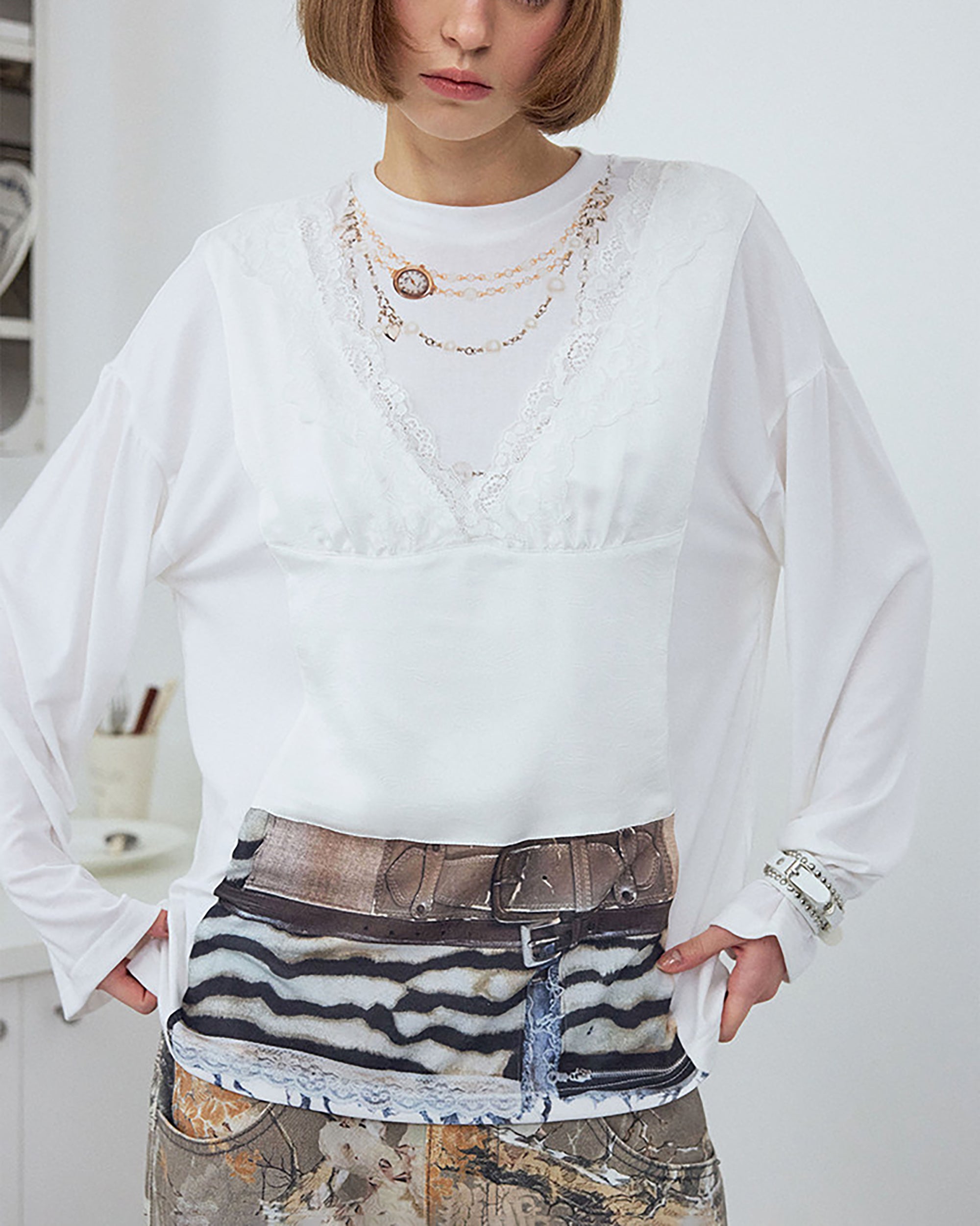 WII WIL Illusion Lace Cami Long-Sleeve Tee