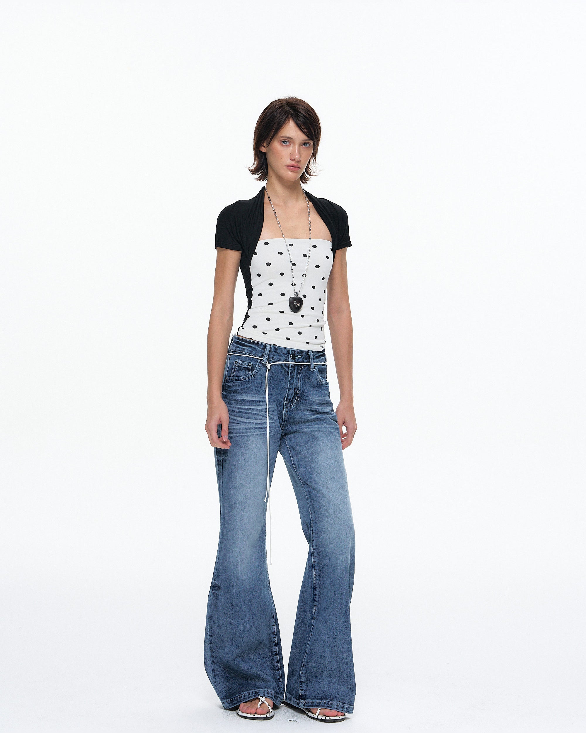 10AMSOTIIIIIIRED Polka Dot Contrast Bolero Top