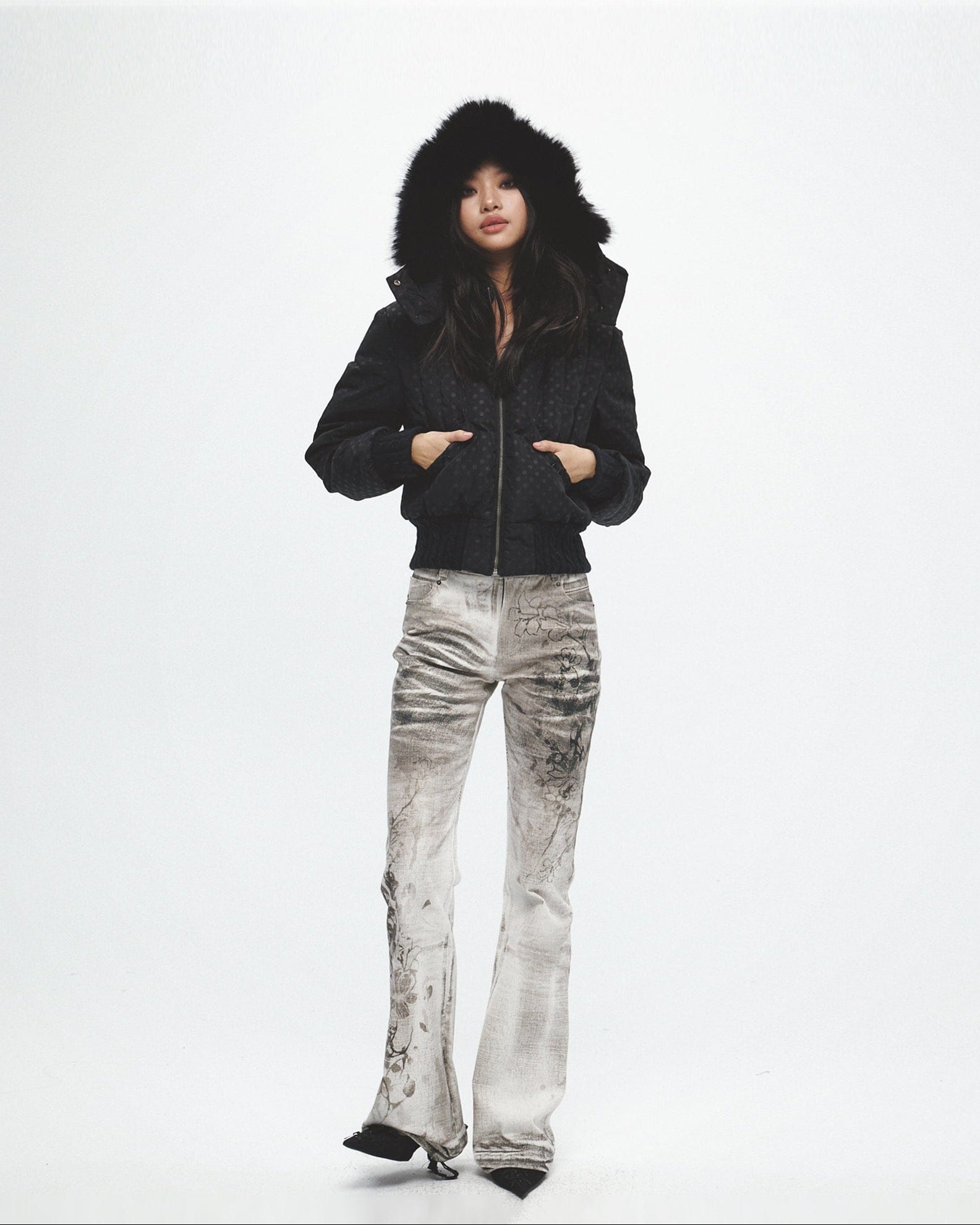 FAYCHUI Fur-Lined Hooded Polka Dot Duck Down Jacket