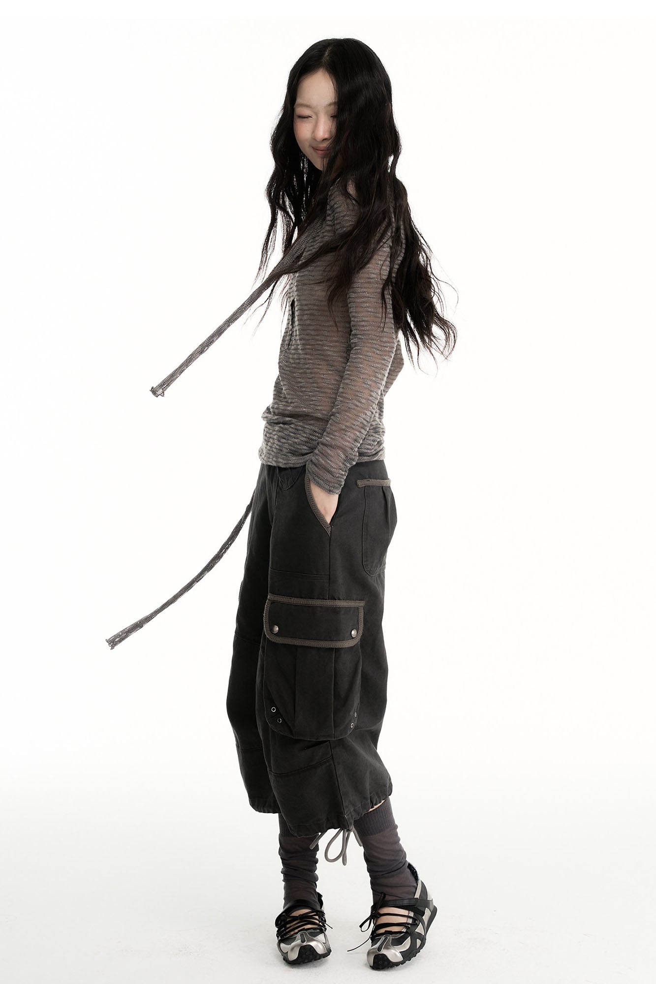 CONFUN Sheer Striped Long-Sleeve Polo Tee