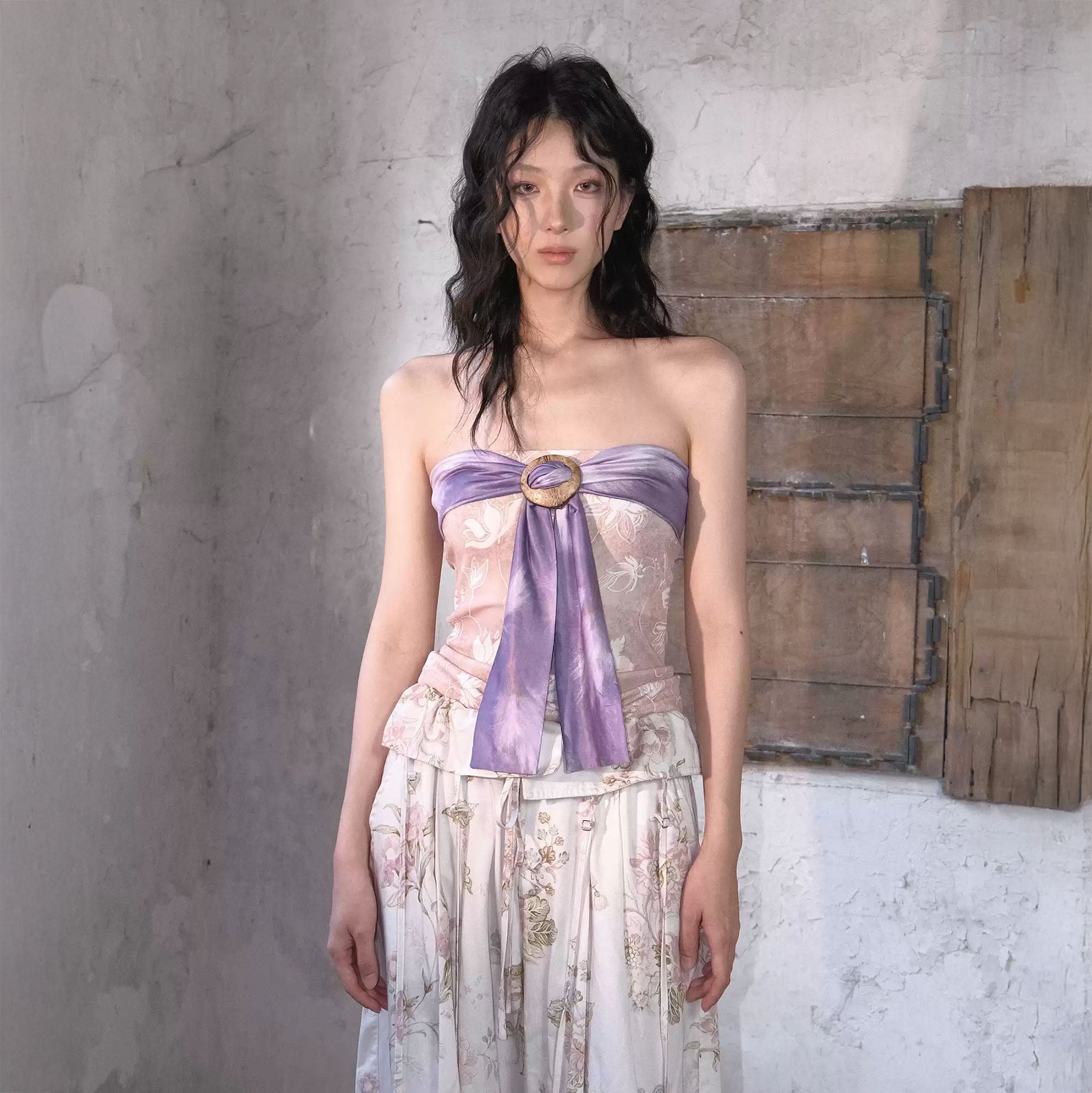 WHYNOTDANCE Floral Scarf-Tie Strapless Top