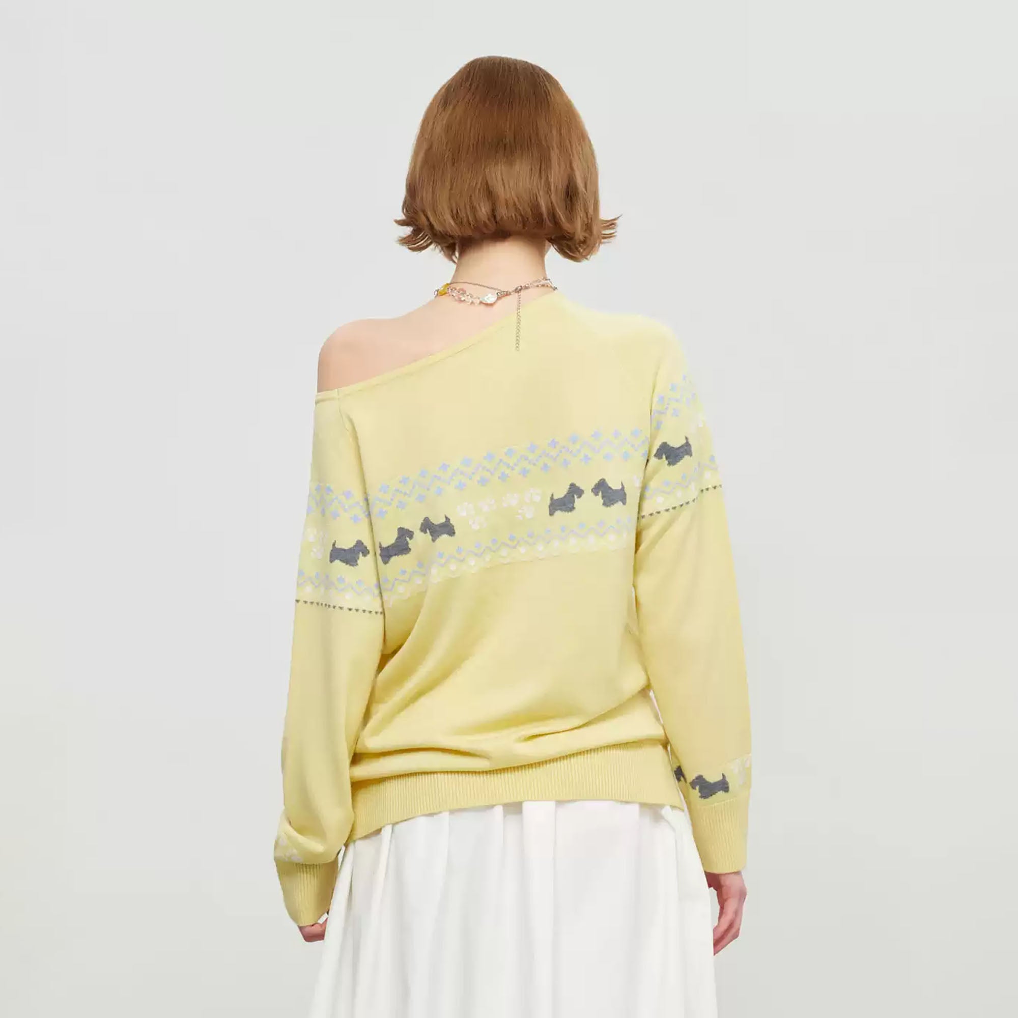 SOFITTE Off-Shoulder Dog Jacquard Sweater