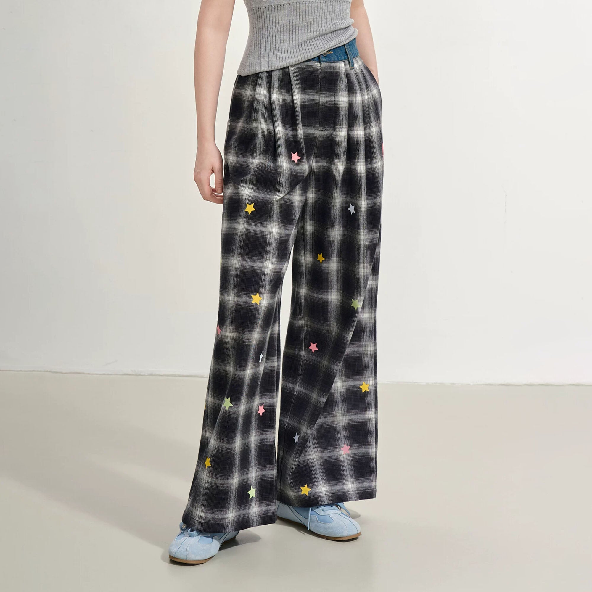 SOFITTE Denim-Waist Plaid Wide-Leg Pants