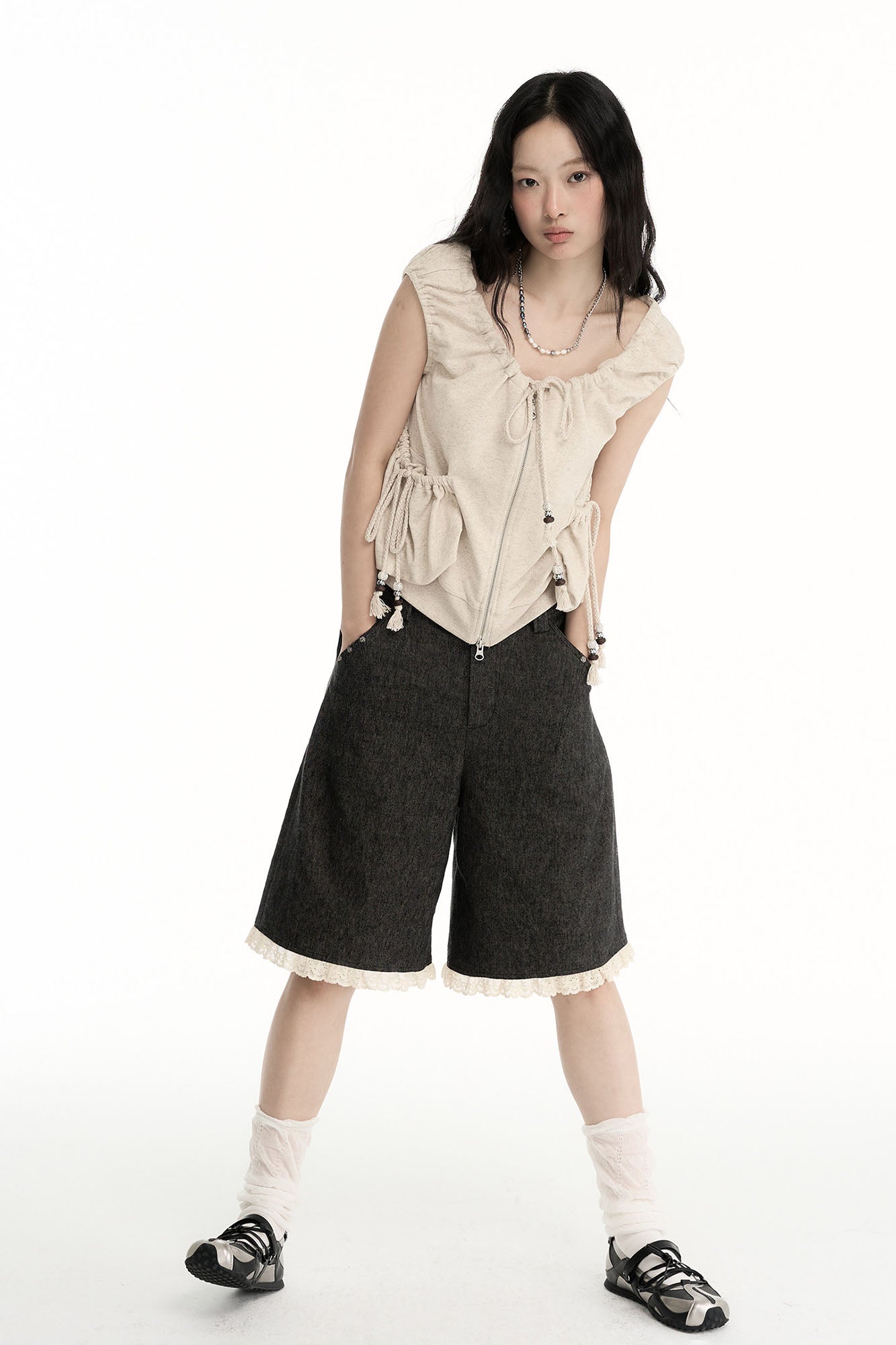 CONFUN Ruched Drawstring Zip-Up Top