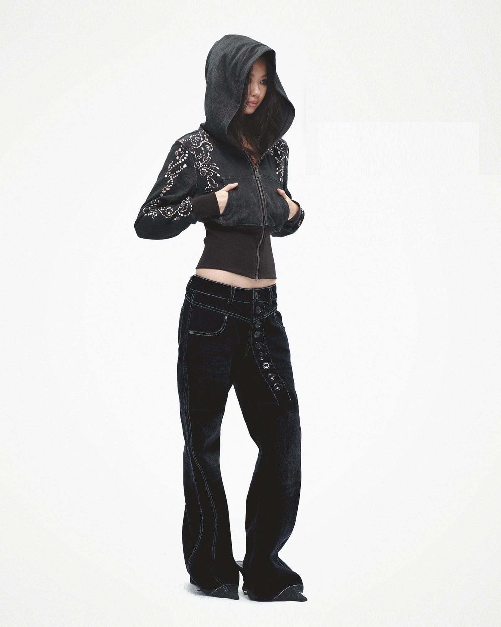 FAYCHUI Asymmetrical Button Fly Bootcut Jeans