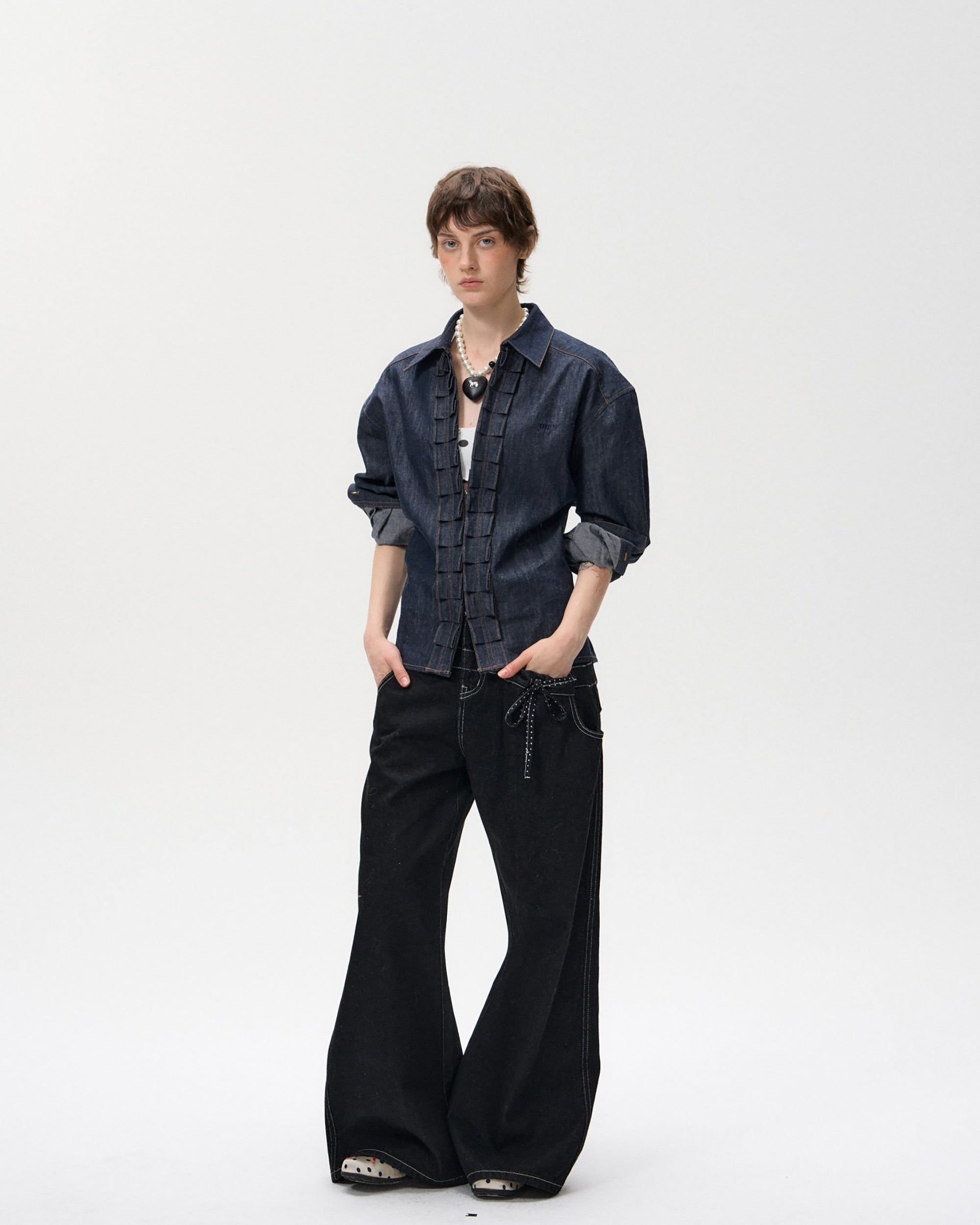 10AMSOTIIIIIIRED Modern Polka-Dot Waist Wide-Leg Jeans