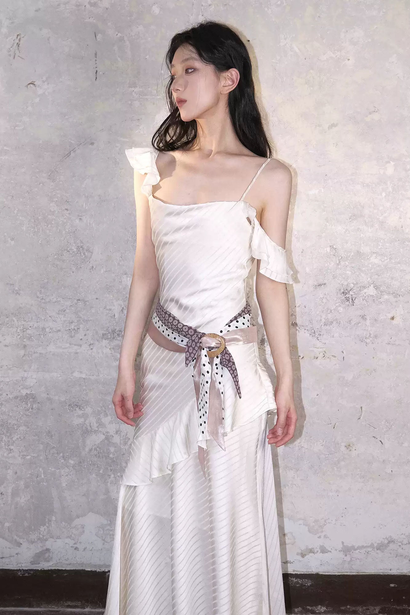 WHYNOTDANCE Satin Striped Ruffle-Hem Maxi Dress