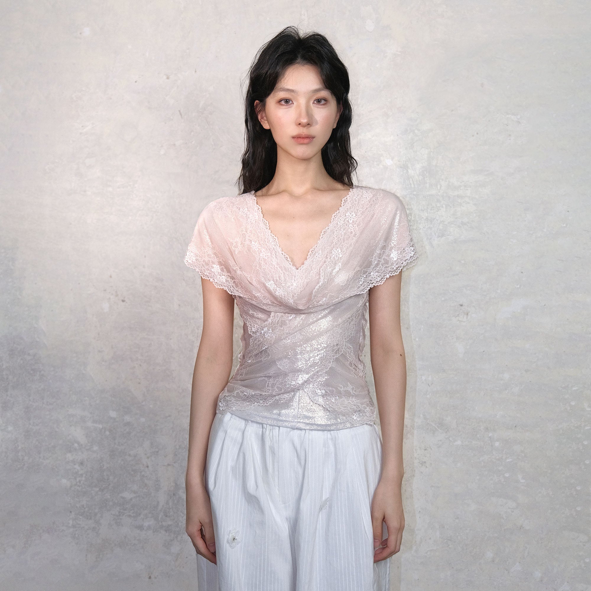 WHYNOTDANCE Draped Lace V-Neck Top
