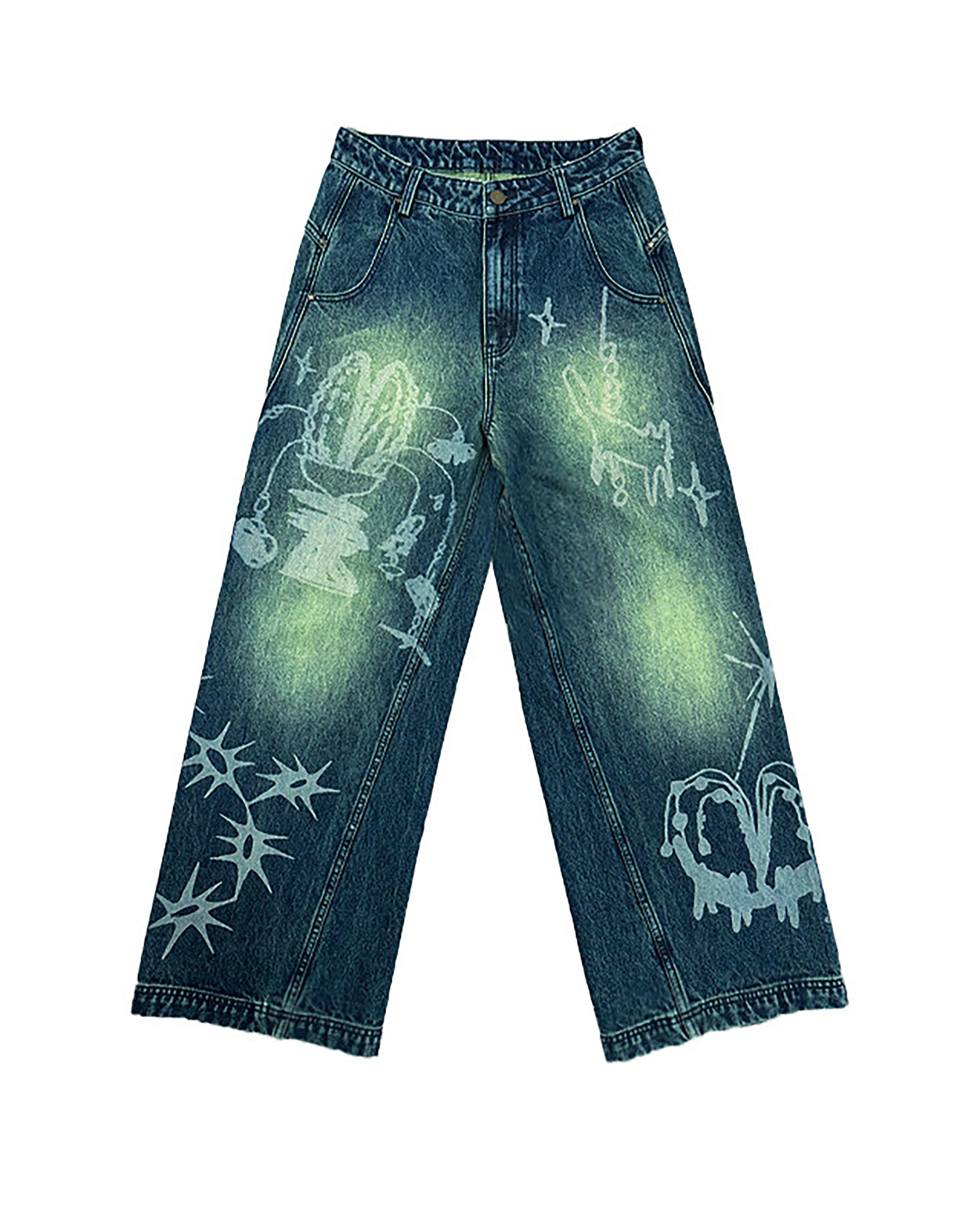 CONFUN Washed Full-Print Straight-Leg Jeans