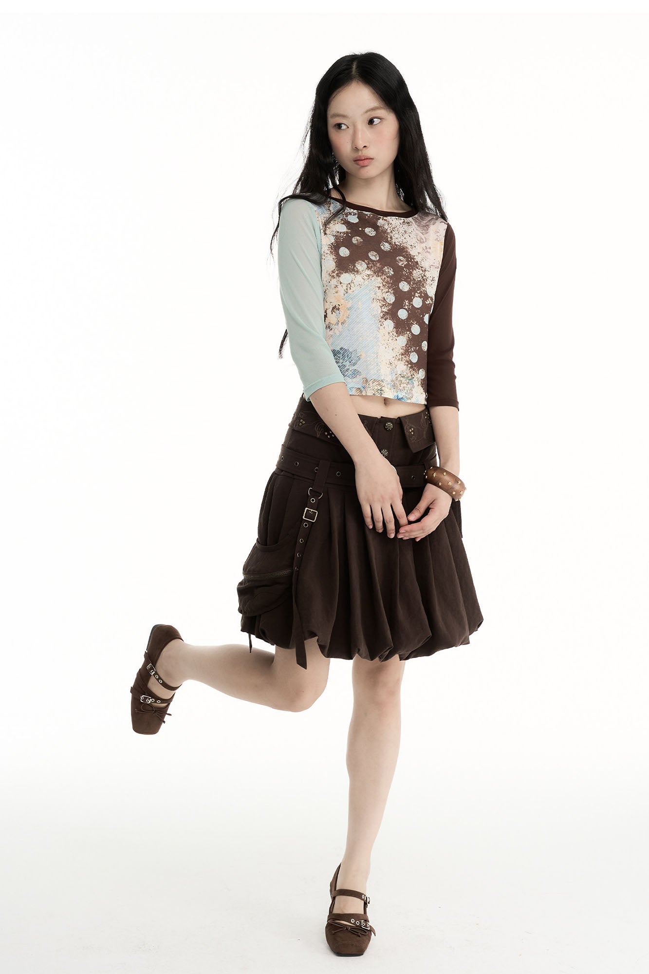 CONFUN Contrast Spliced Floral Long-Sleeve Tee
