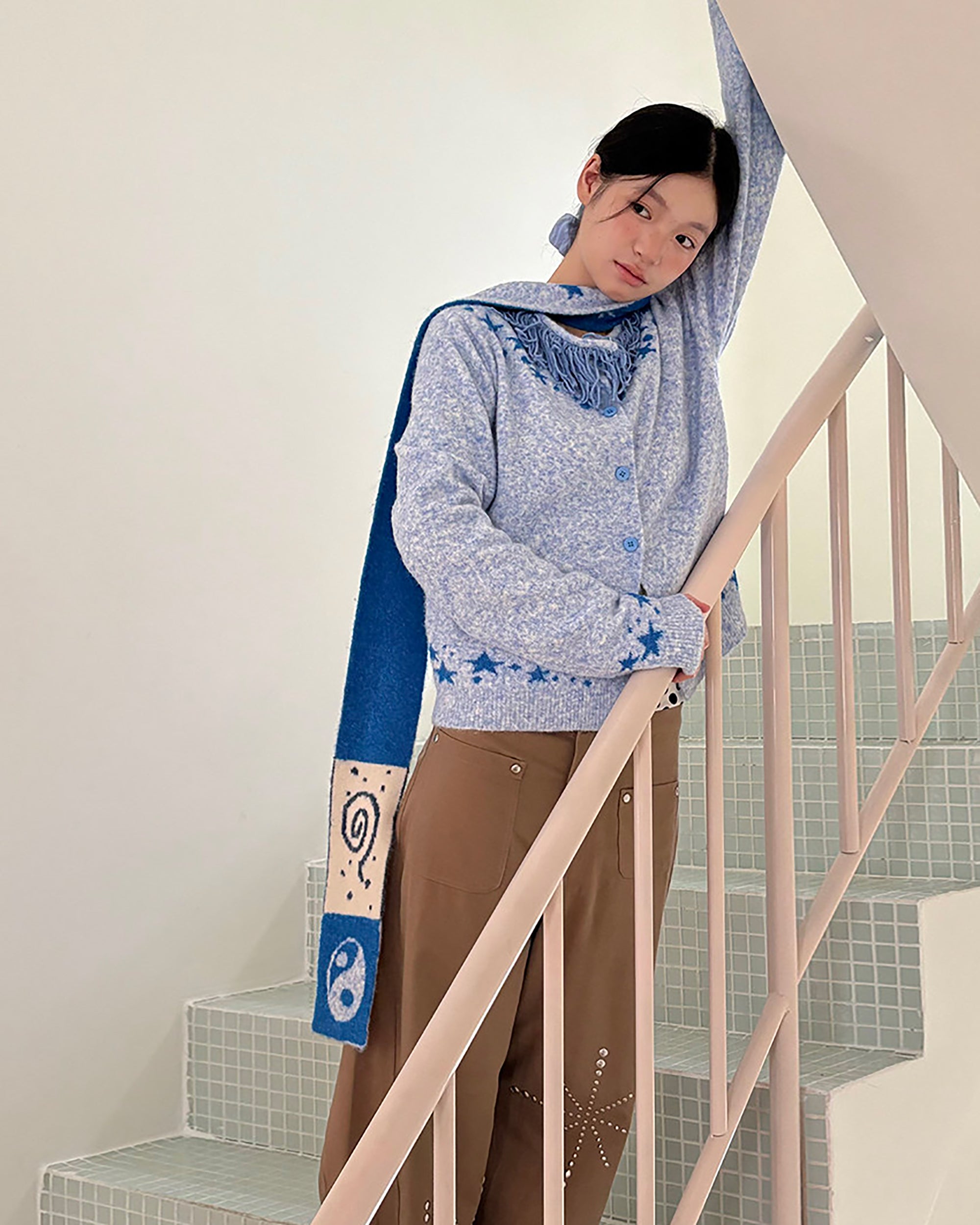 UNSOCIAL NIGHT Fringed Collar Star Jacquard Knit Cardigan