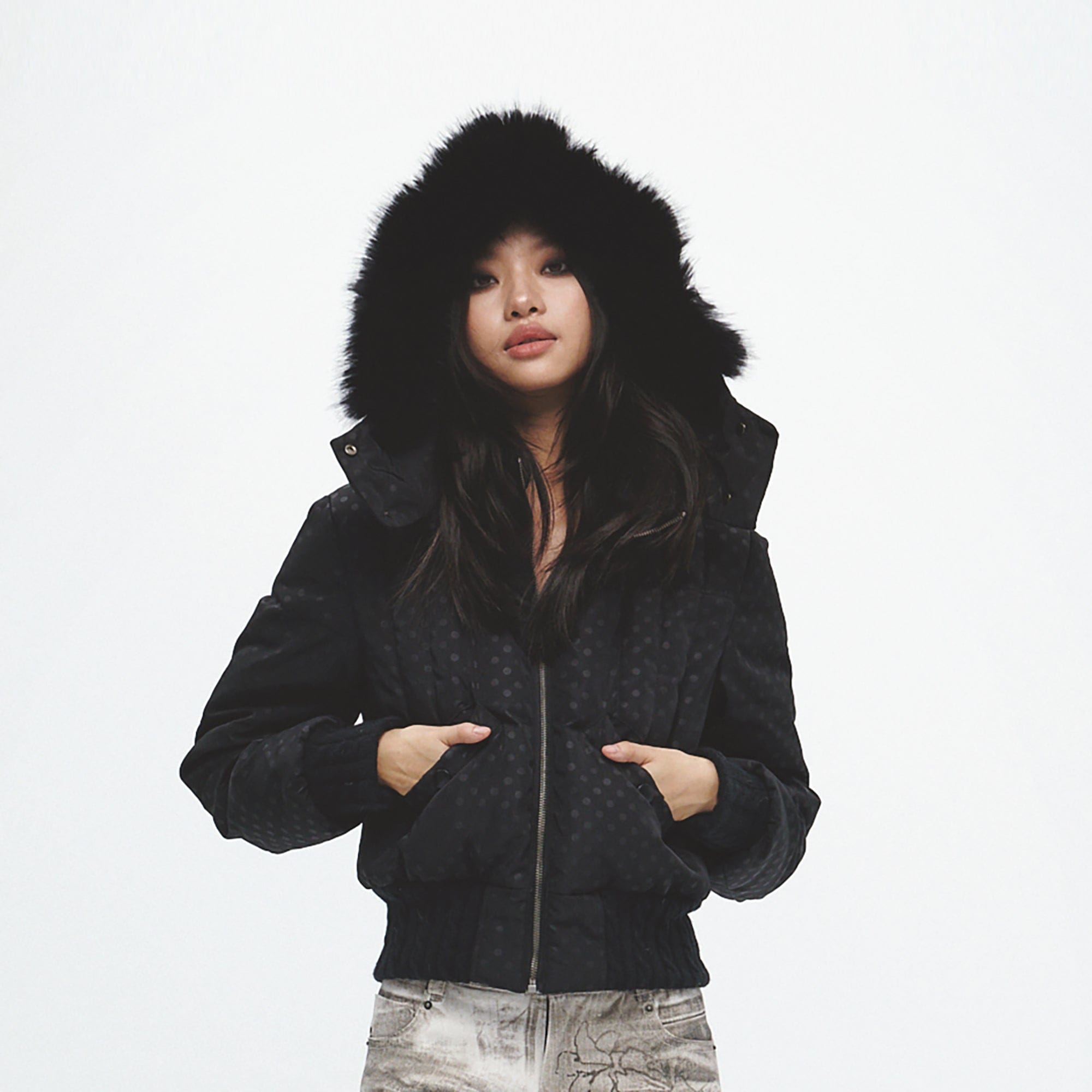 FAYCHUI Fur-Lined Hooded Polka Dot Duck Down Jacket