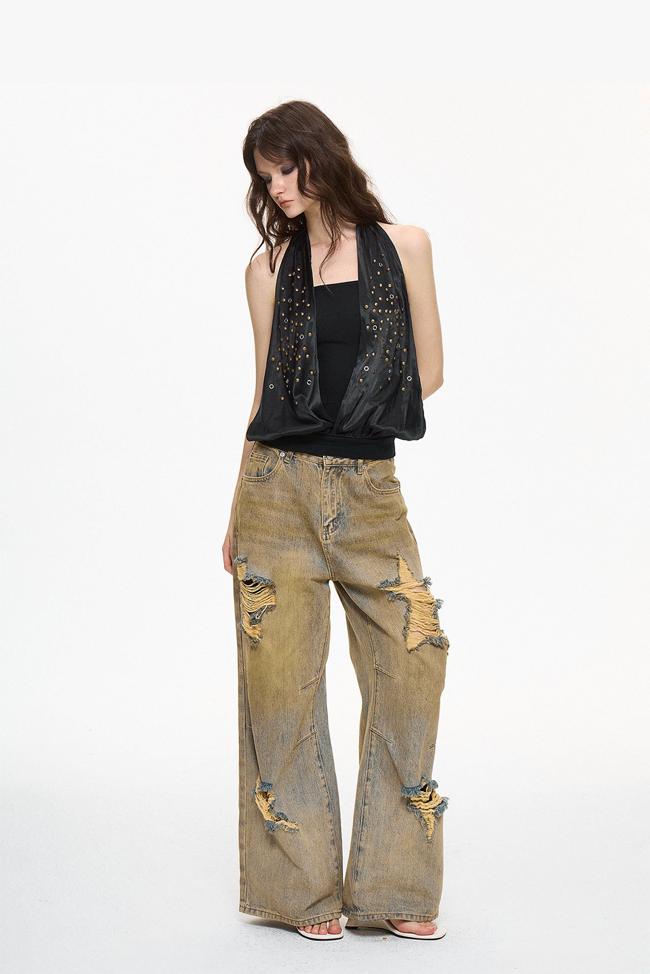 AE30 SAINT Studded Spliced Halter Tank Top
