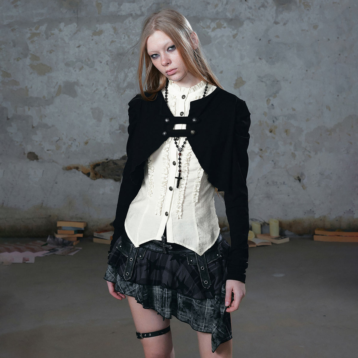 CESTNOUS Retro Ruffled-Hem Faux-Layered Long-Sleeve Shirt