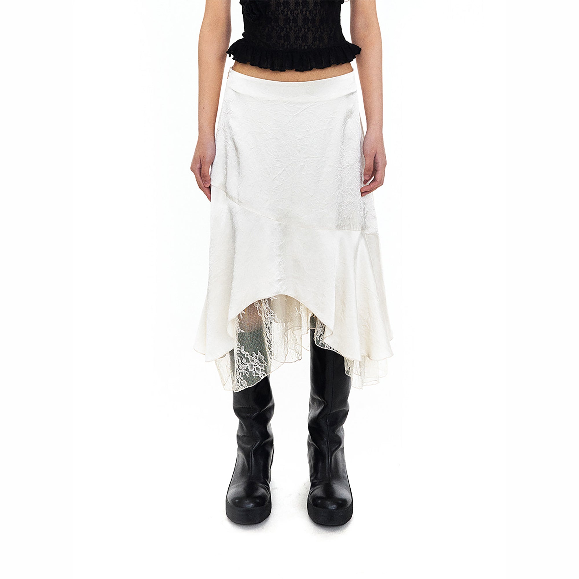 NEVERSEEZ Satin Acetate Lace-Panel Midi Skirt