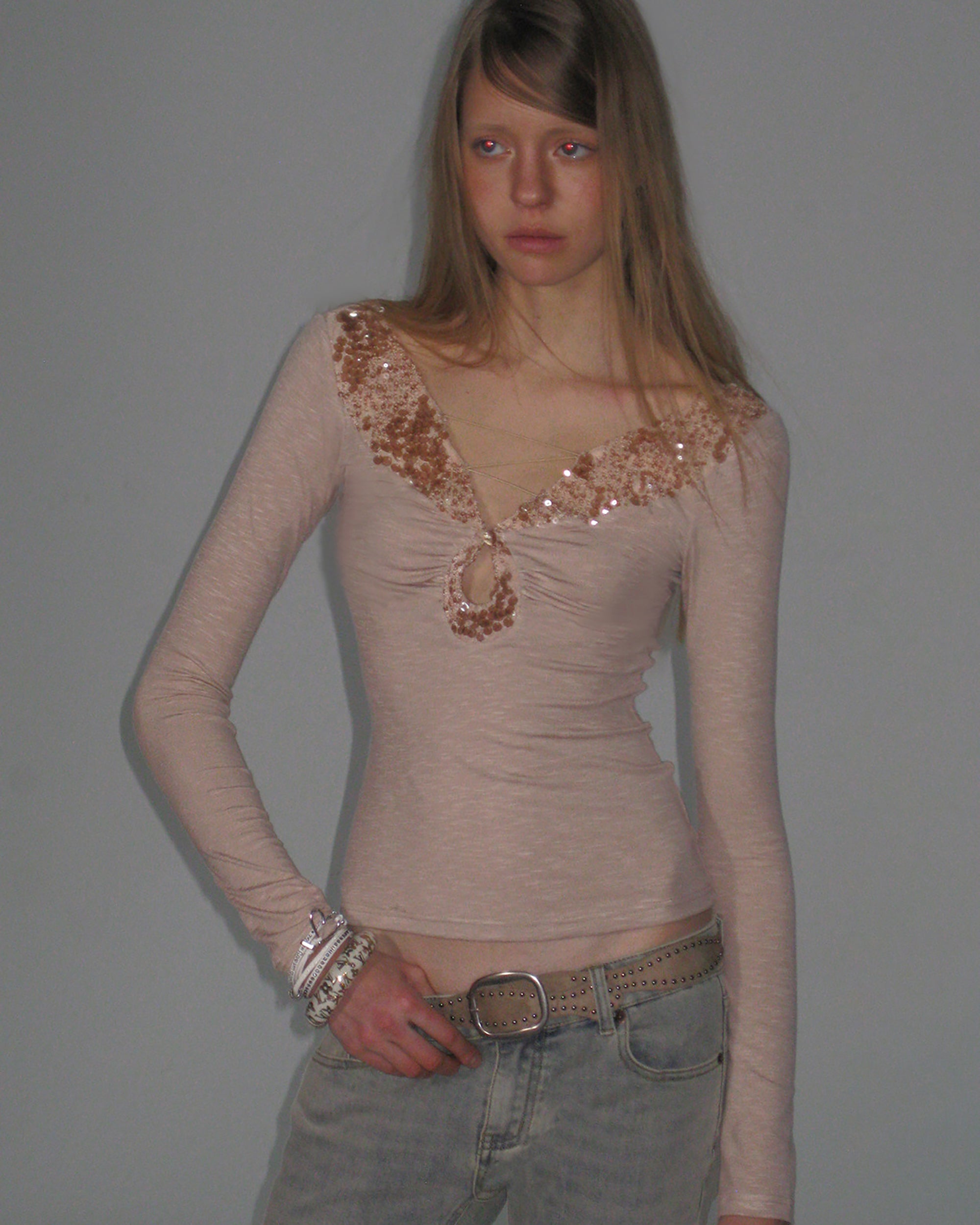 THE NEVERMORE Sequin-Trim Deep V Keyhole Long-Sleeve Top