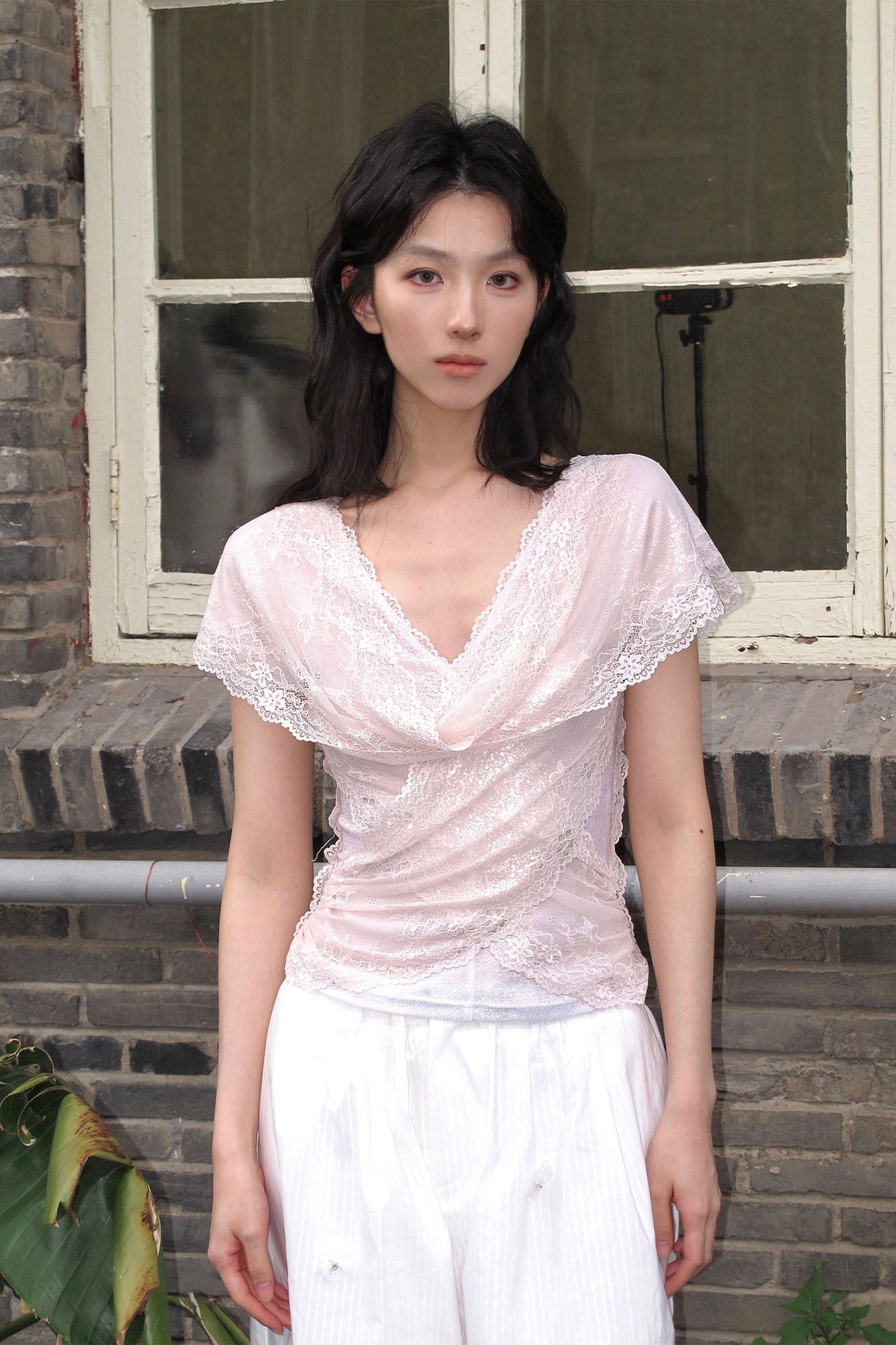 WHYNOTDANCE Draped Lace V-Neck Top