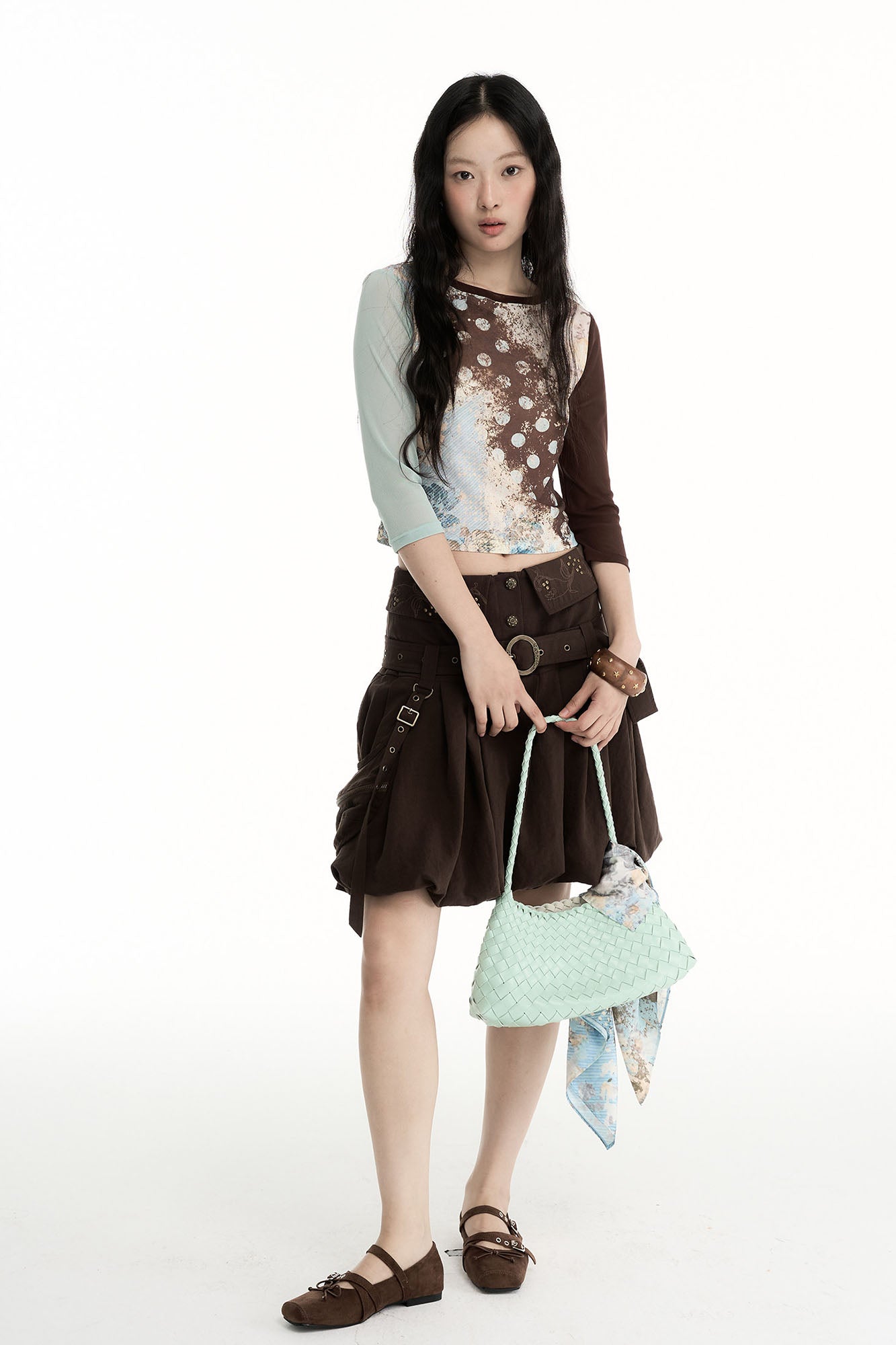 CONFUN Contrast Spliced Floral Long-Sleeve Tee