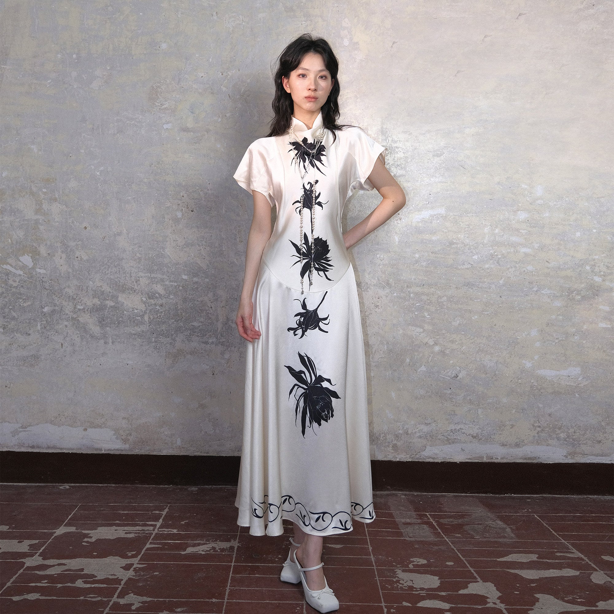 WHYNOTDANCE Contrast Floral Satin Maxi Dress