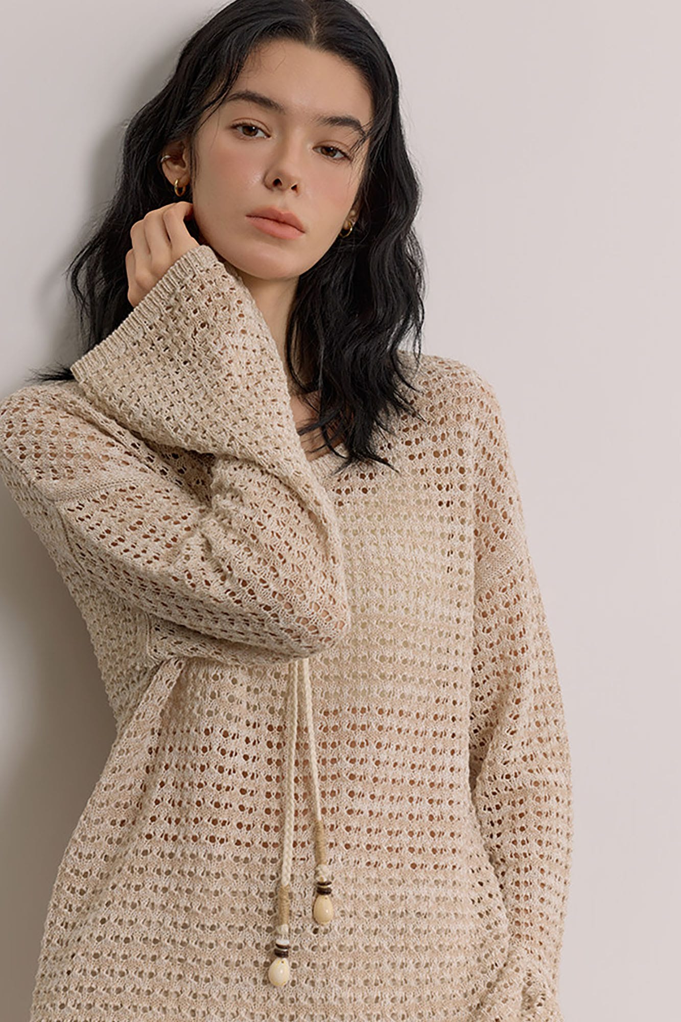SAME FLOW Open-Knit Drawstring Oversized Sweater
