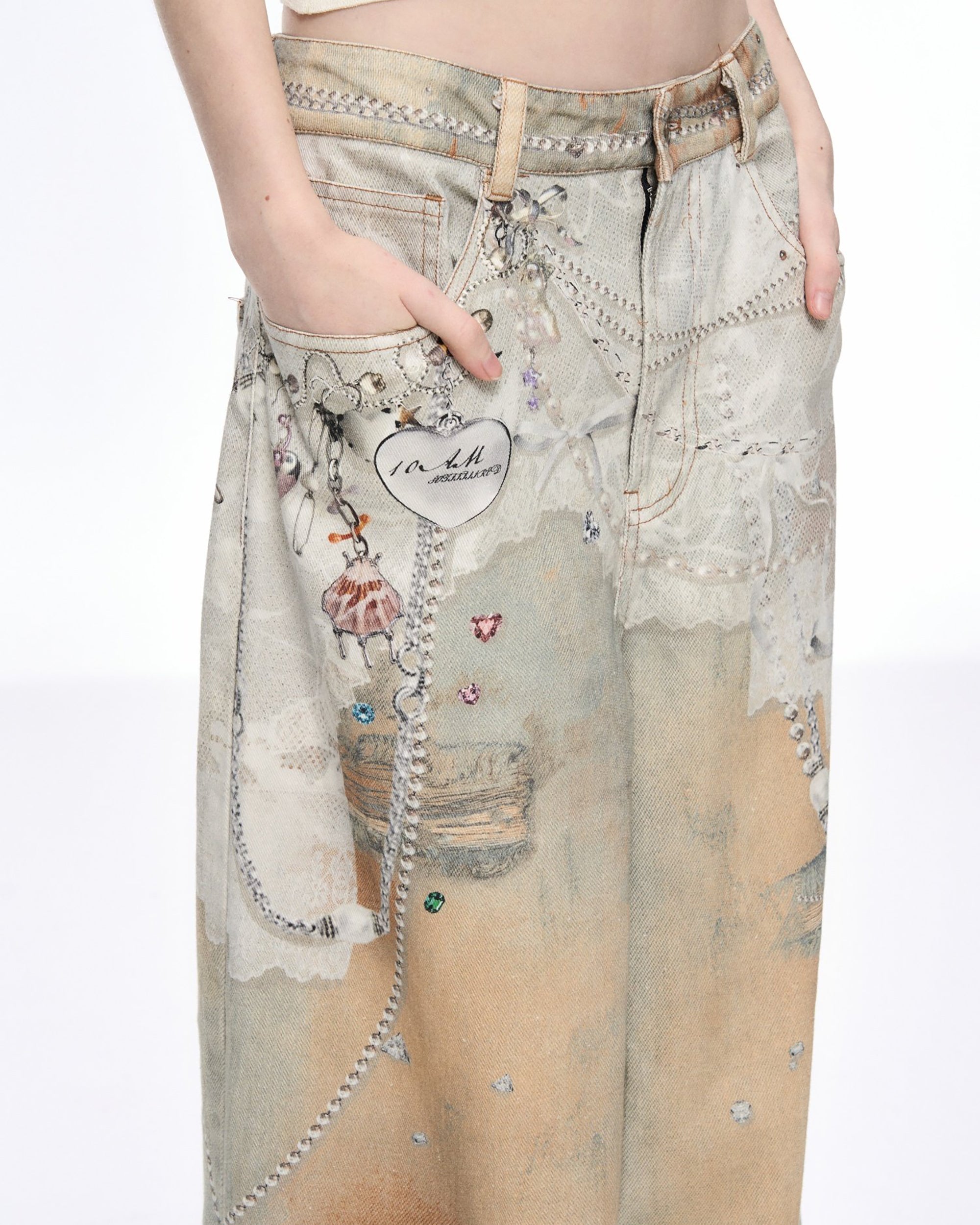 10AMSOTIIIIIIRED Lace Chain Print Studded Wide-Leg Jeans