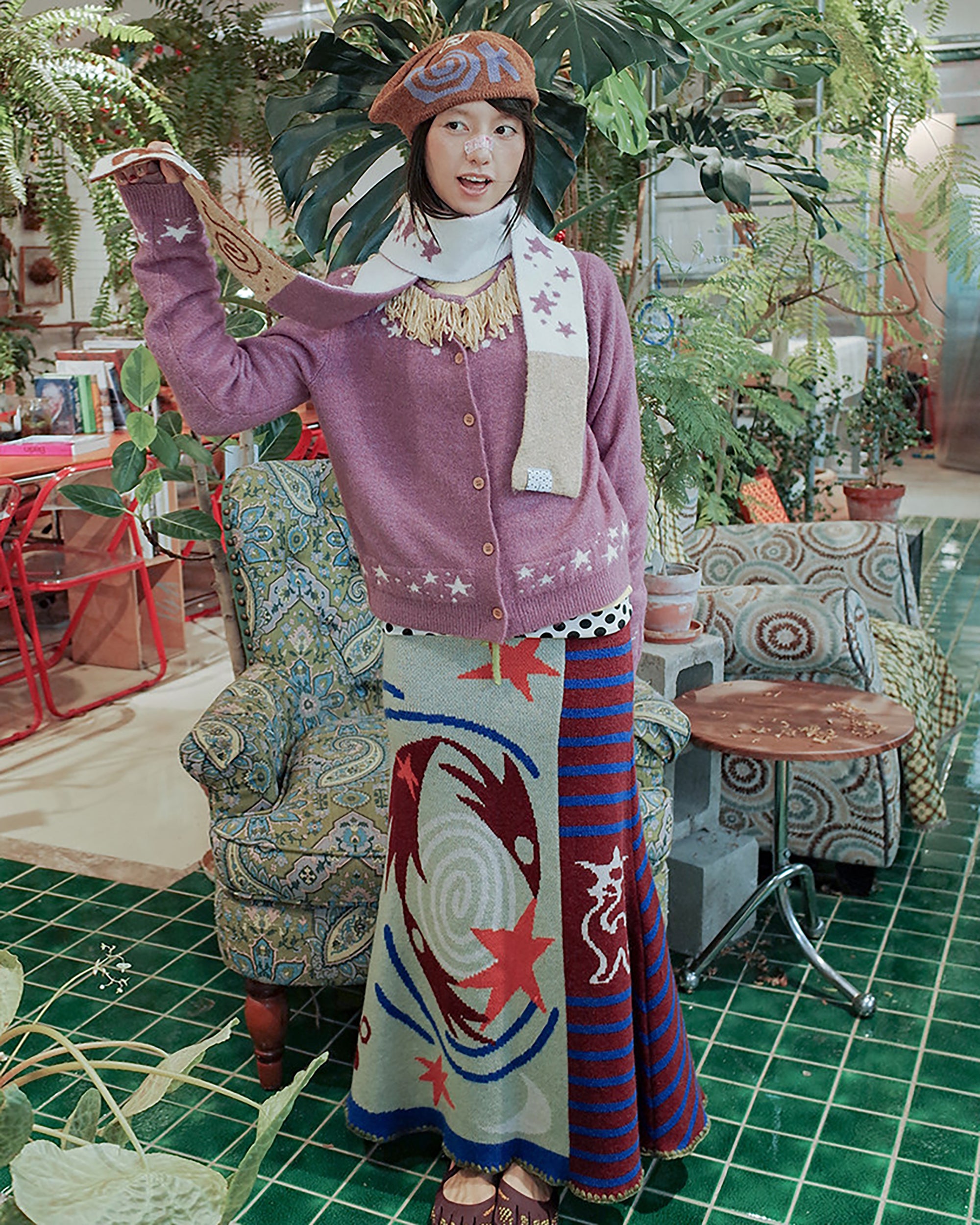 UNSOCIAL NIGHT Fringed Collar Star Jacquard Knit Cardigan