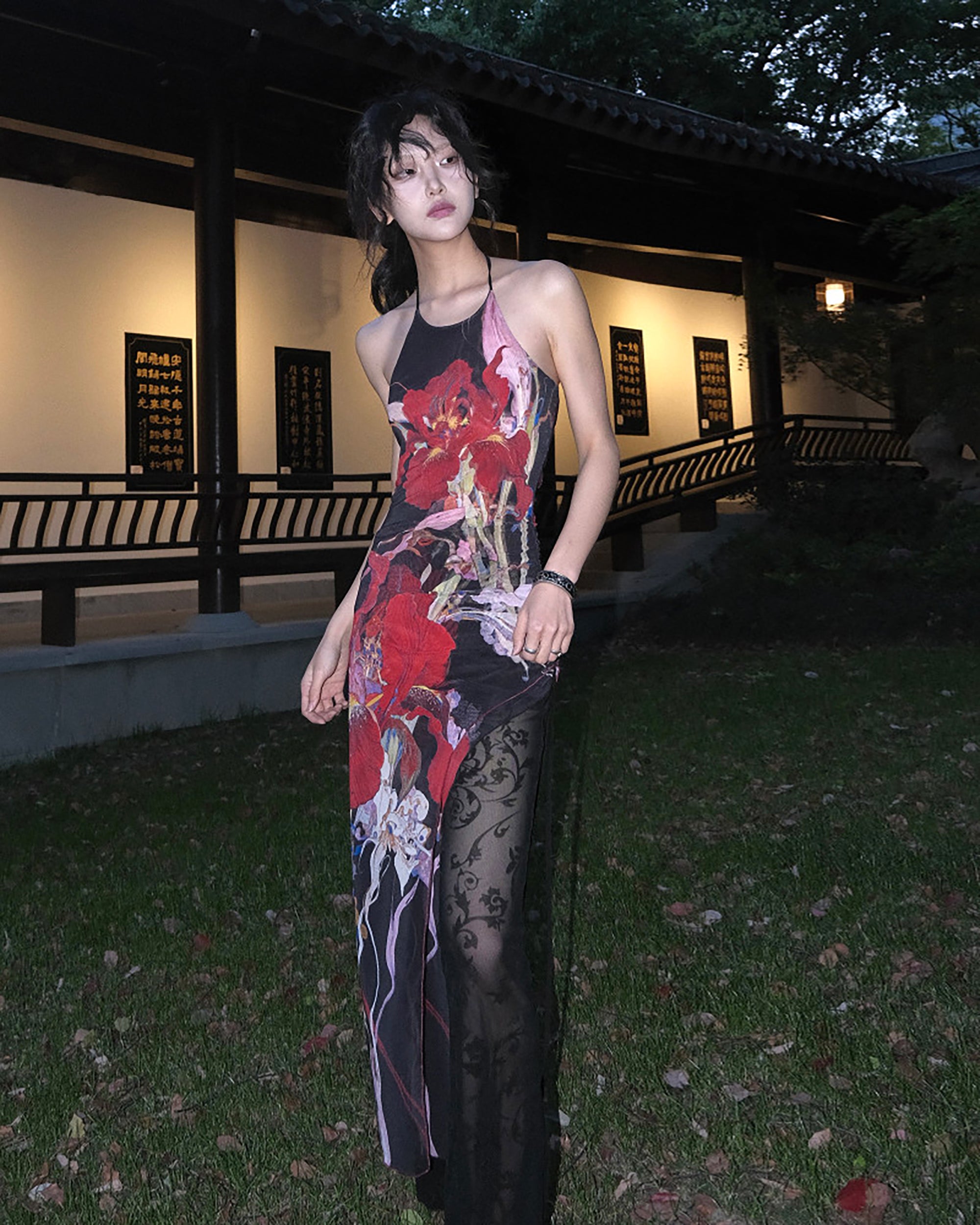 WHYNOTDANCE Asymmetrical Halter Full-Print Mesh Backless Dress