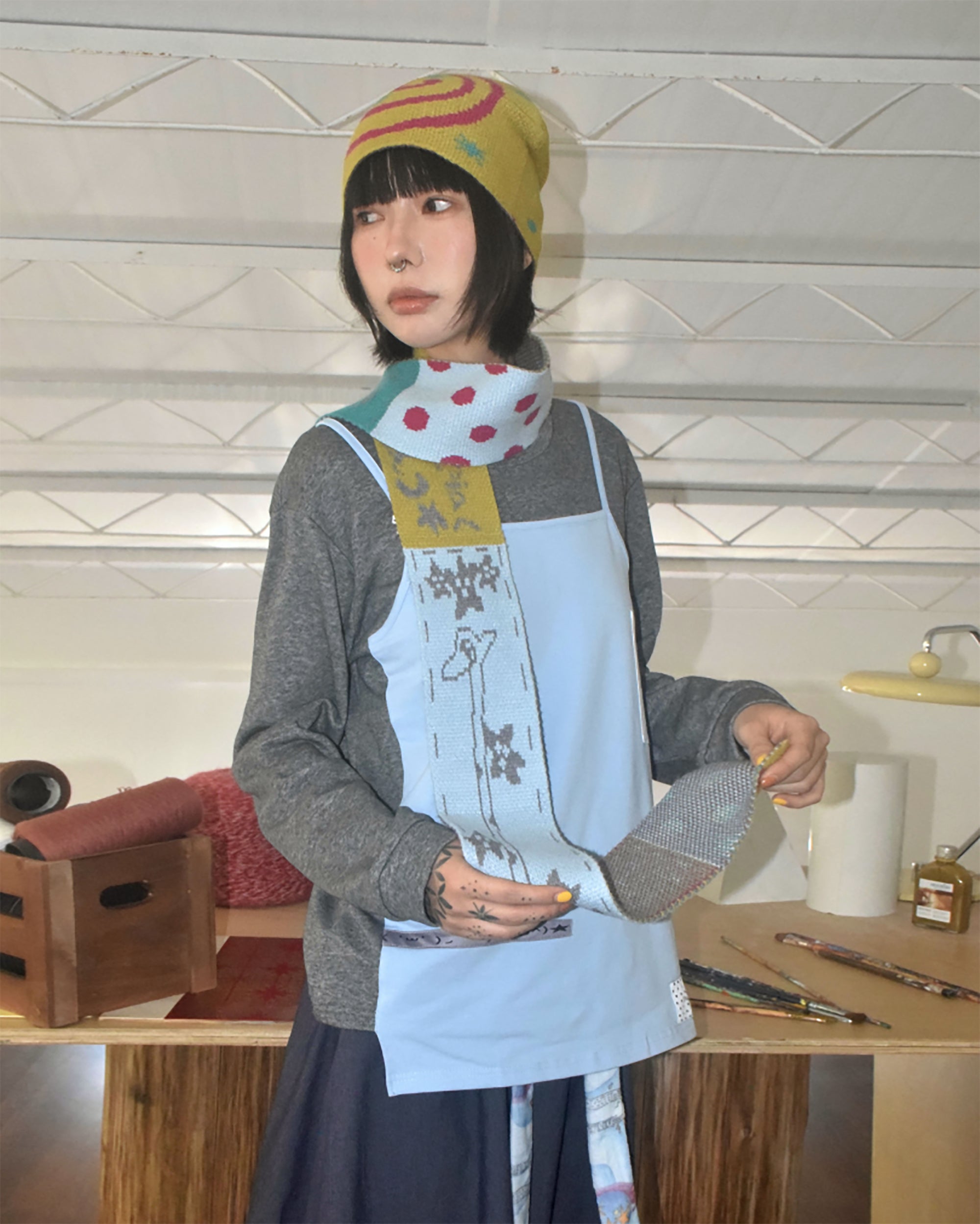 UNSOCIAL NIGHT Giraffe Graphic Polka Dot Scarf & Beanie