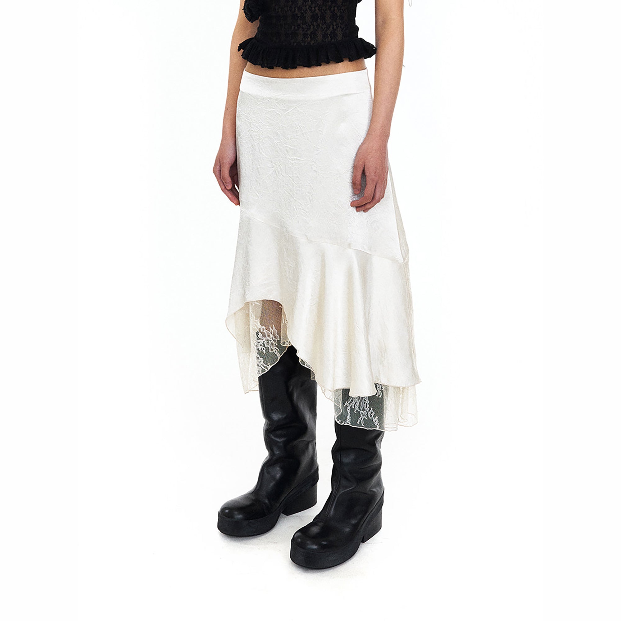NEVERSEEZ Satin Acetate Lace-Panel Midi Skirt