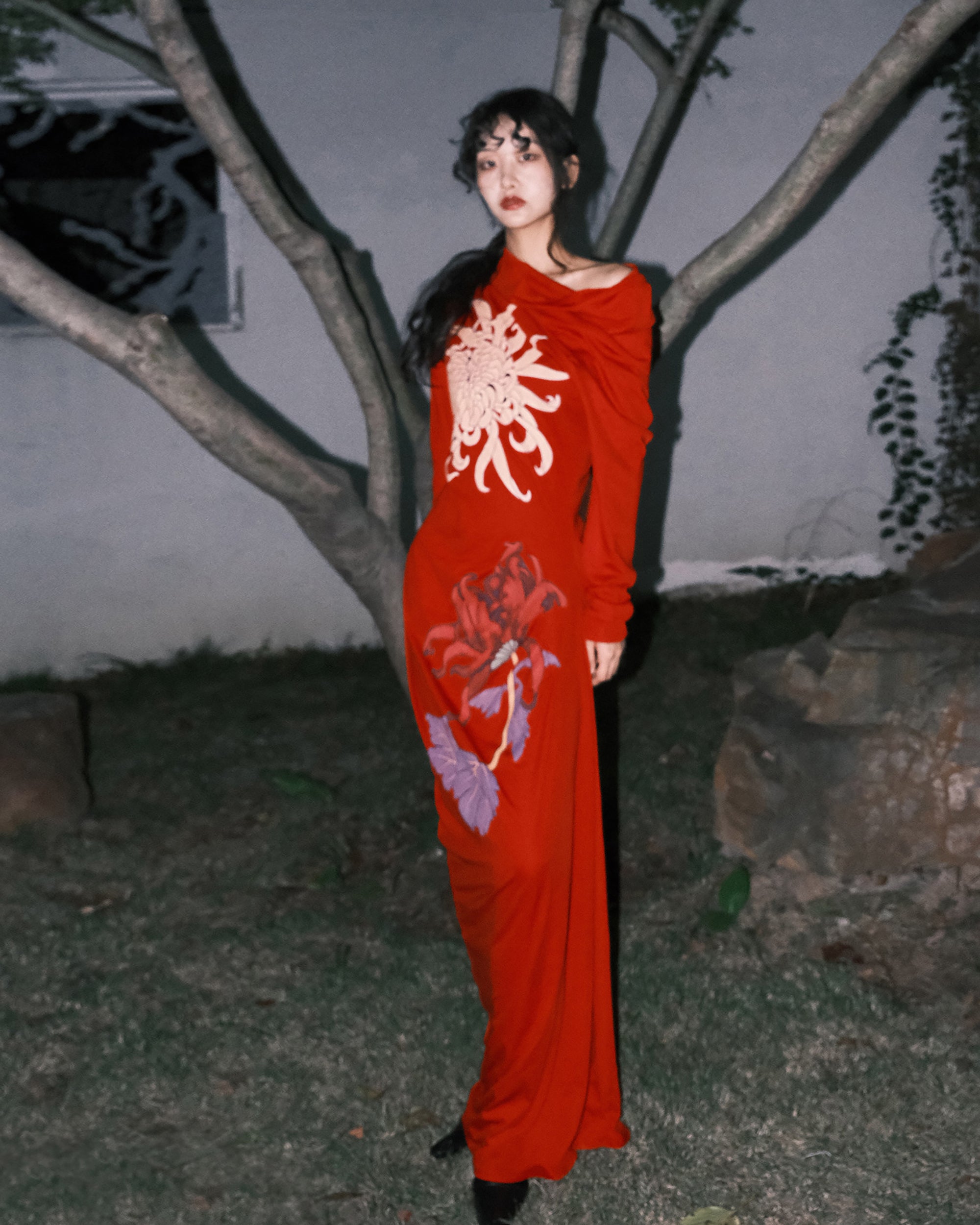 WHYNOTDANCE Asymmetrical Off-Shoulder Floral Maxi Dress