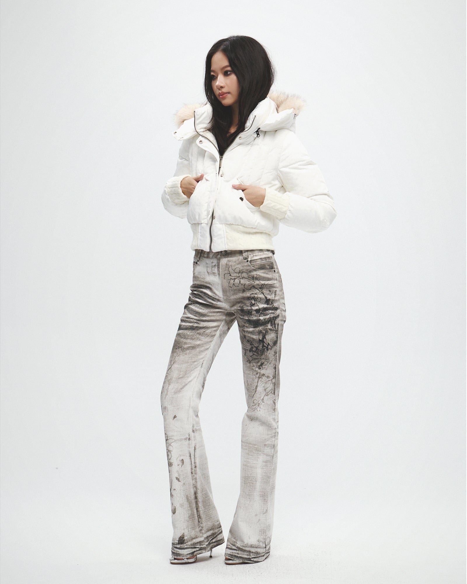 FAYCHUI Fur-Lined Hooded Polka Dot Duck Down Jacket