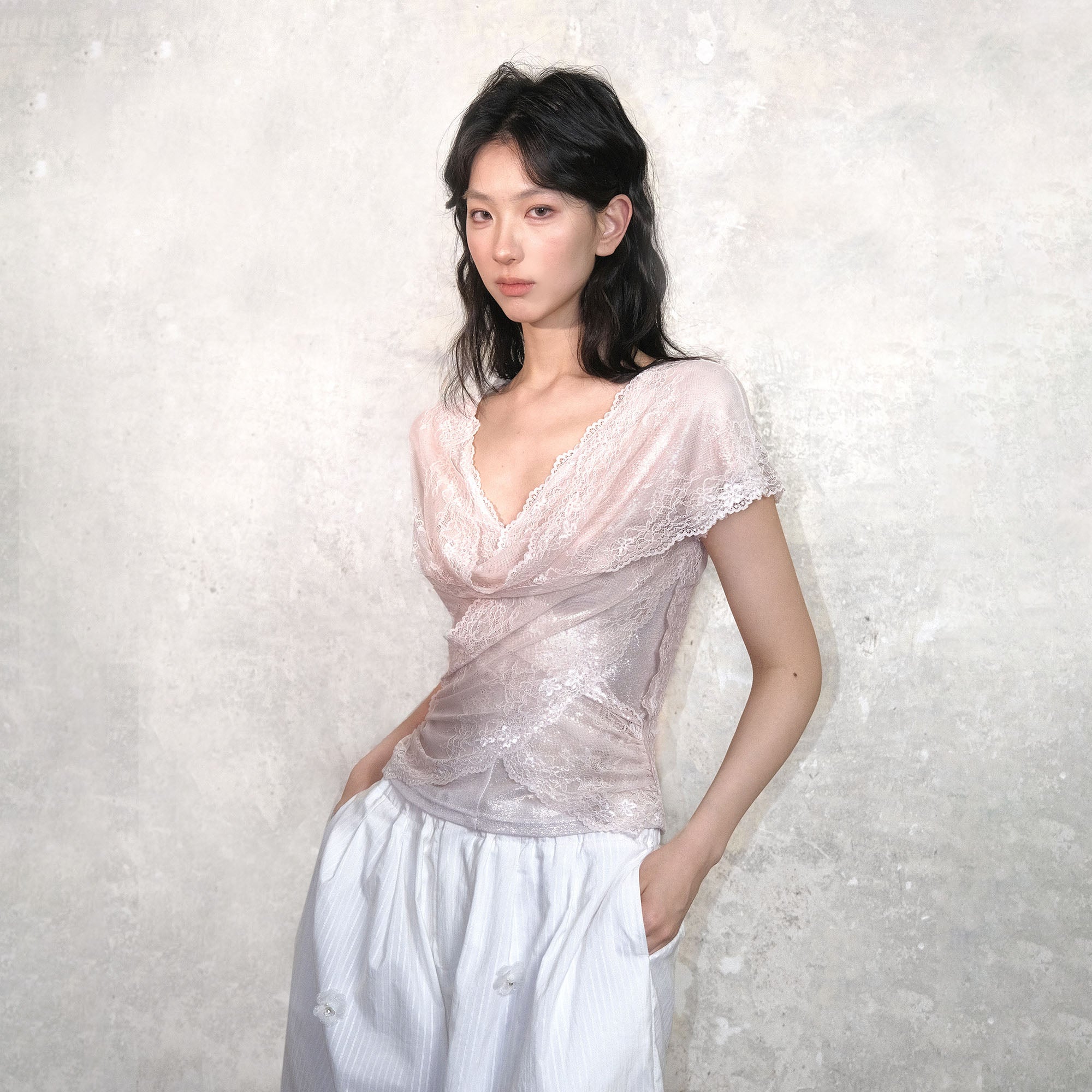 WHYNOTDANCE Draped Lace V-Neck Top
