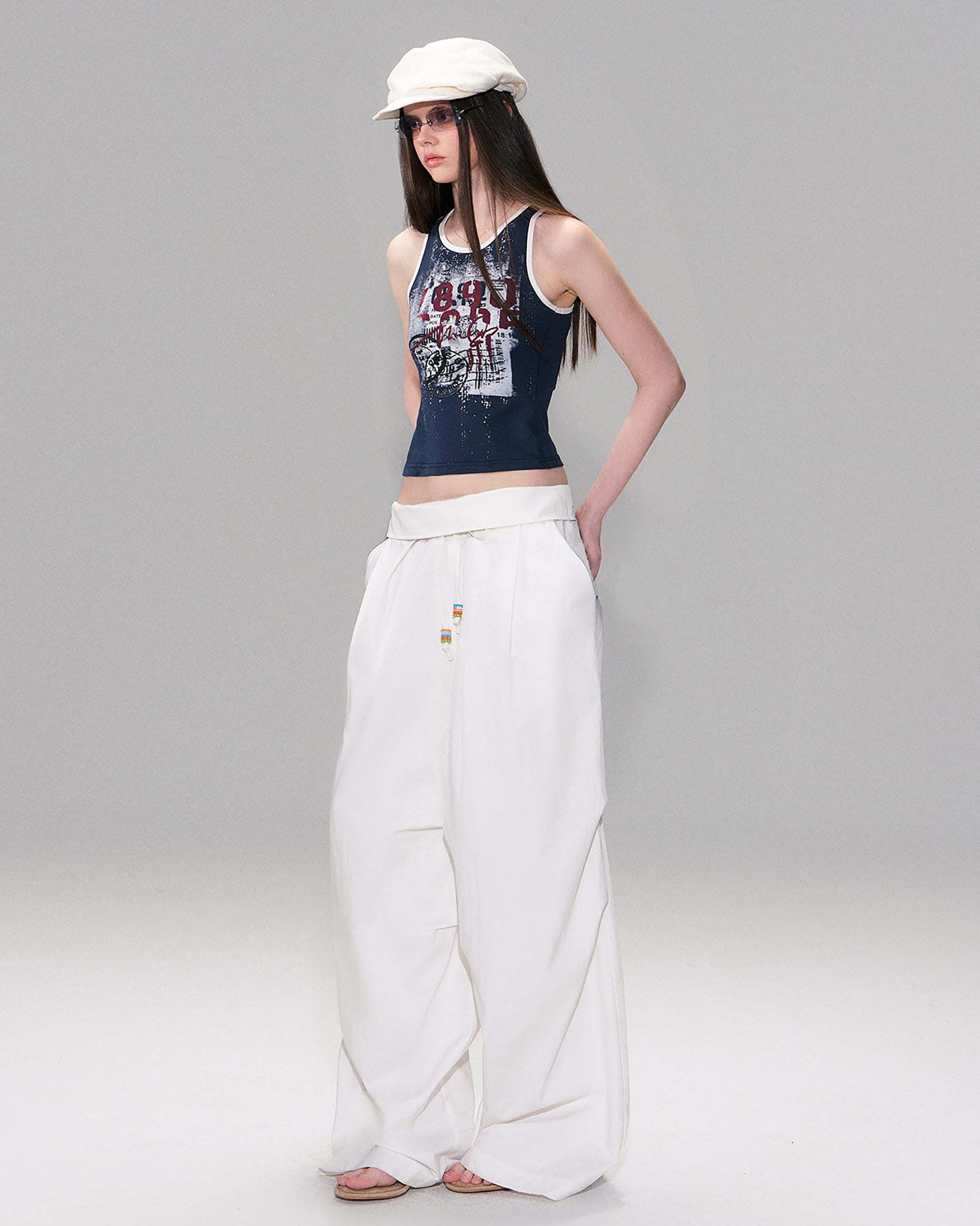 THE NEVERMORE Folded Waist Beaded Drawstring Wide-Leg Pants