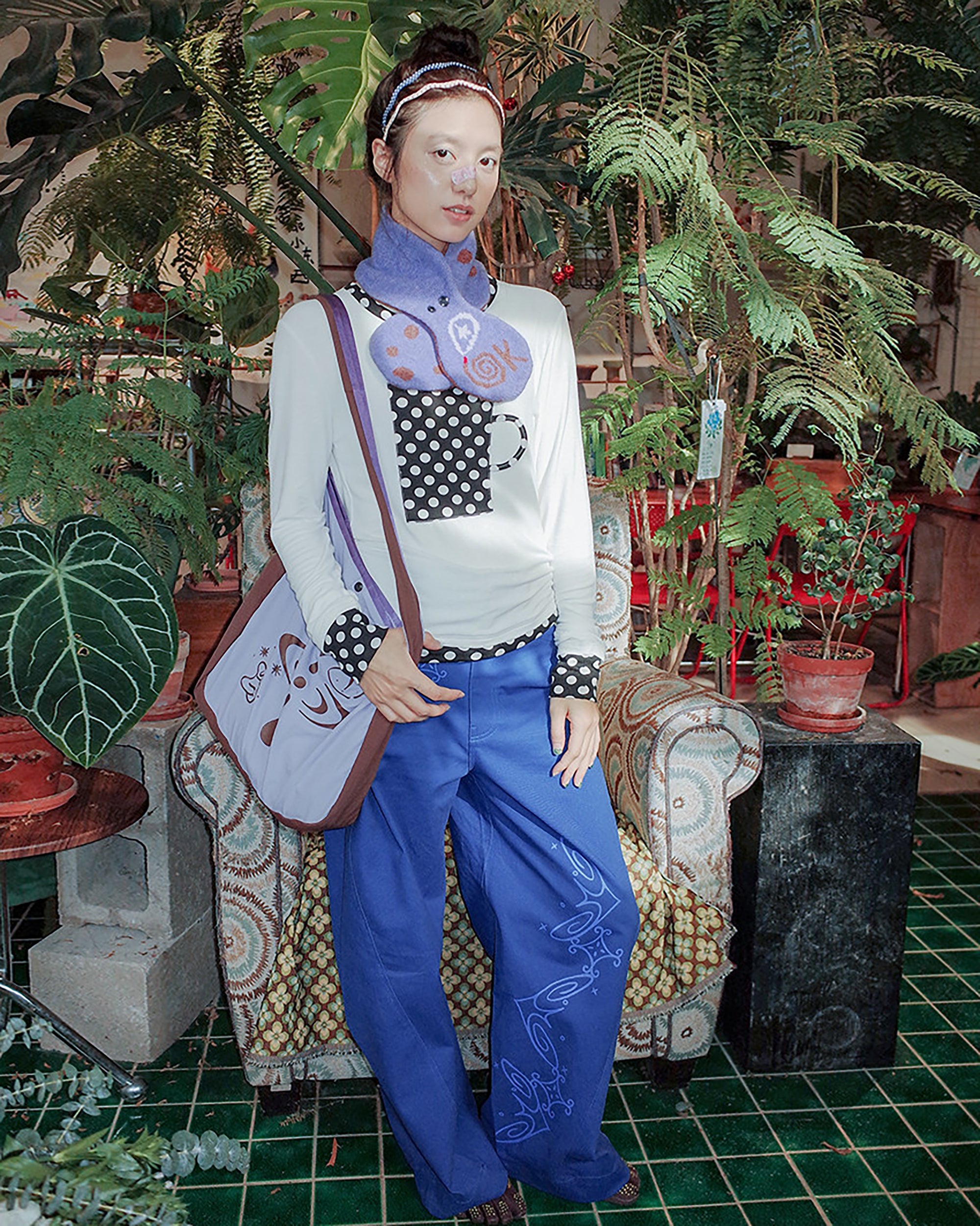 UNSOCIAL NIGHT Reversible Graphic Polka-Dot Knit Scarf & Beret